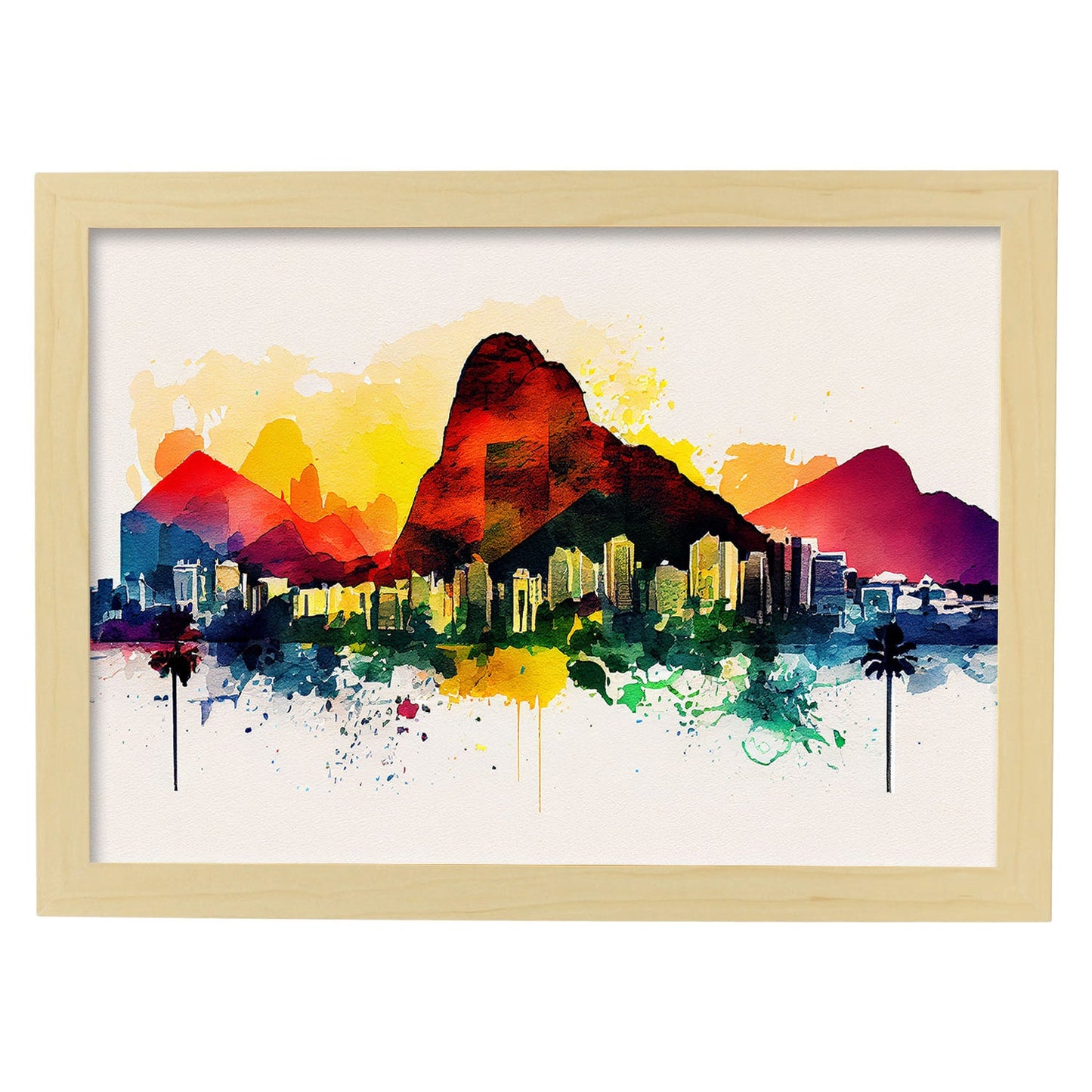 Nacnic watercolor of a skyline of the city of Rio de Janeiro_1. Aesthetic Wall Art Prints for Bedroom or Living Room Design.-Artwork-Nacnic-A4-Marco Madera Clara-Nacnic Estudio SL