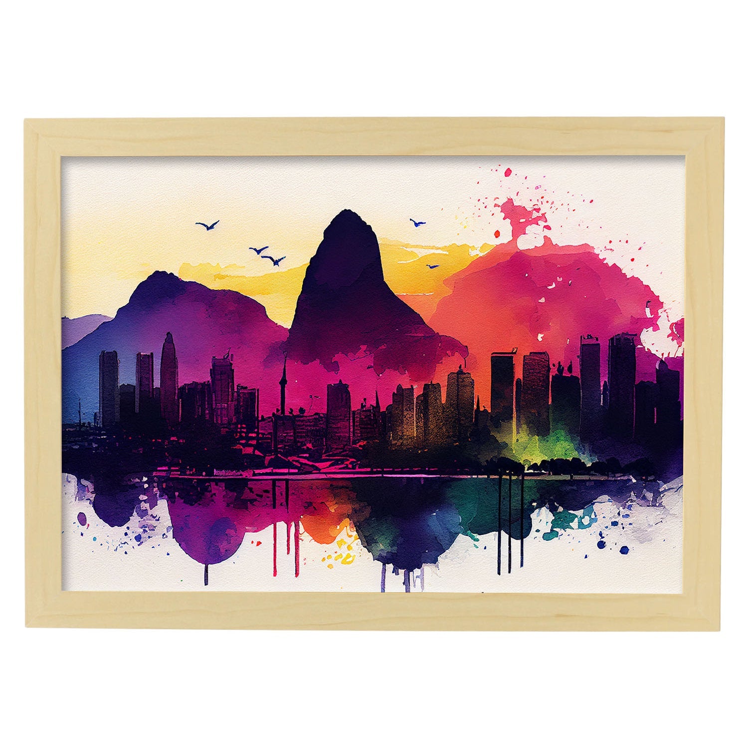 Nacnic watercolor of a skyline of the city of Rio de Janeiro_2. Aesthetic Wall Art Prints for Bedroom or Living Room Design.-Artwork-Nacnic-A4-Marco Madera Clara-Nacnic Estudio SL