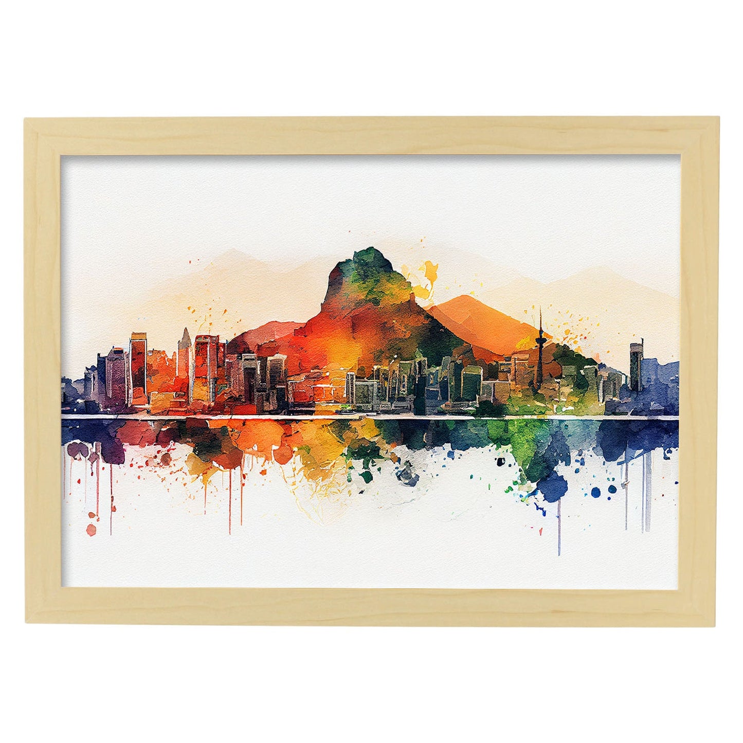 Nacnic watercolor of a skyline of the city of Rio de Janeiro_3. Aesthetic Wall Art Prints for Bedroom or Living Room Design.-Artwork-Nacnic-A4-Marco Madera Clara-Nacnic Estudio SL