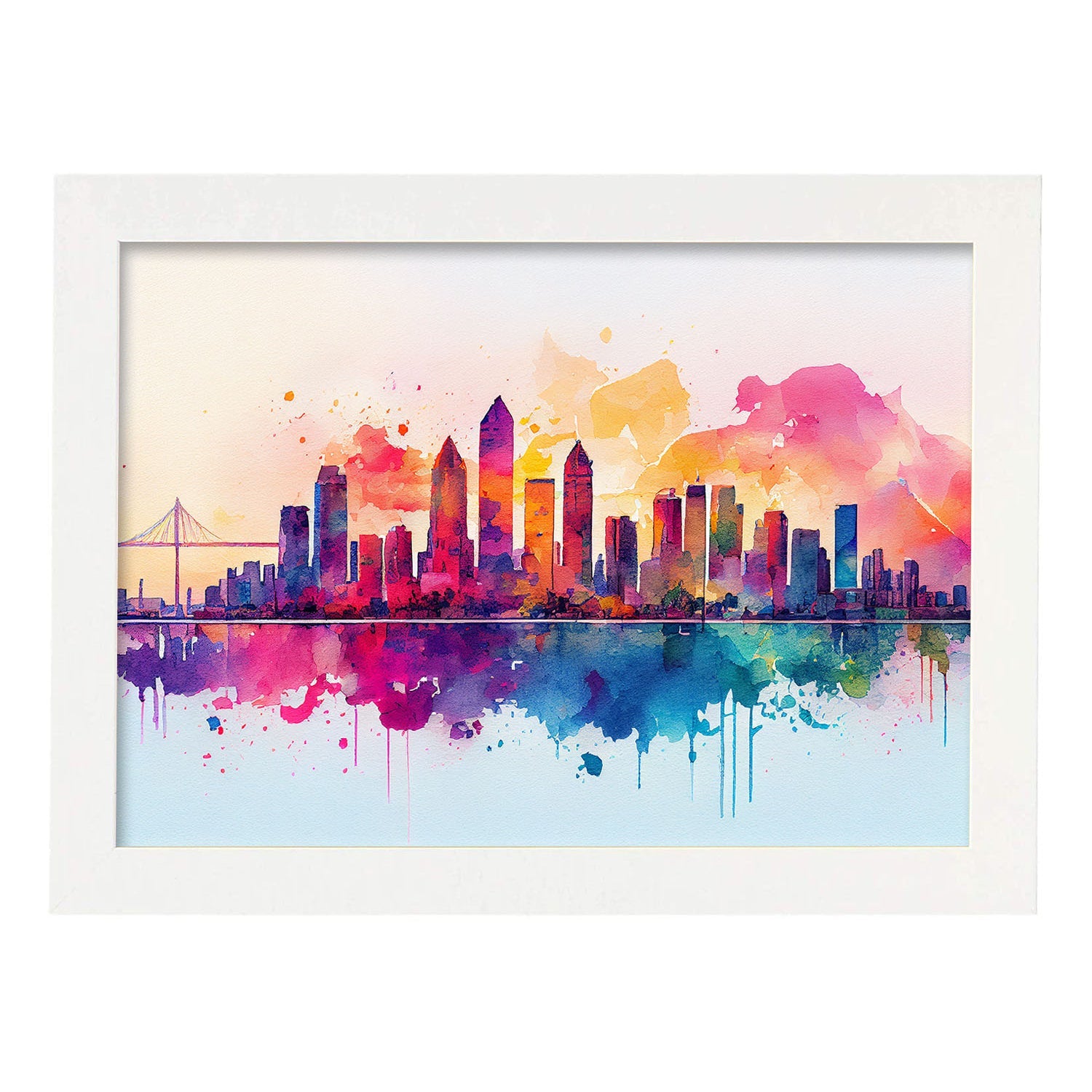 Nacnic watercolor of a skyline of the city of San Diego. Aesthetic Wall Art Prints for Bedroom or Living Room Design.-Artwork-Nacnic-A4-Marco Blanco-Nacnic Estudio SL