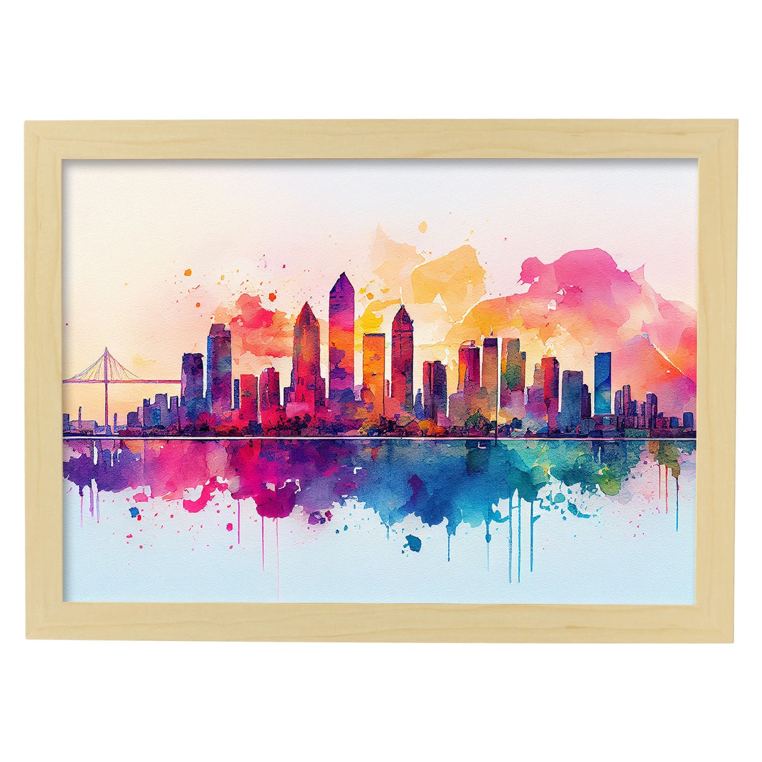 Nacnic watercolor of a skyline of the city of San Diego. Aesthetic Wall Art Prints for Bedroom or Living Room Design.-Artwork-Nacnic-A4-Marco Madera Clara-Nacnic Estudio SL