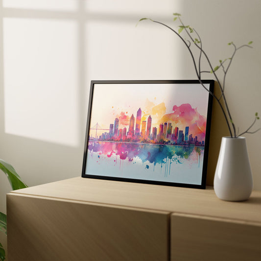 Nacnic watercolor of a skyline of the city of San Diego. Aesthetic Wall Art Prints for Bedroom or Living Room Design.-Artwork-Nacnic-A4-Sin Marco-Nacnic Estudio SL