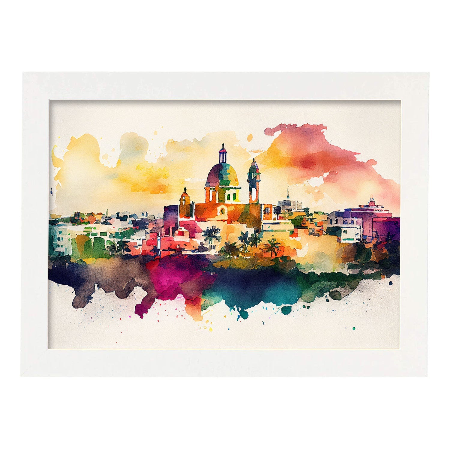 Nacnic watercolor of a skyline of the city of San Juan. Aesthetic Wall Art Prints for Bedroom or Living Room Design.-Artwork-Nacnic-A4-Marco Blanco-Nacnic Estudio SL