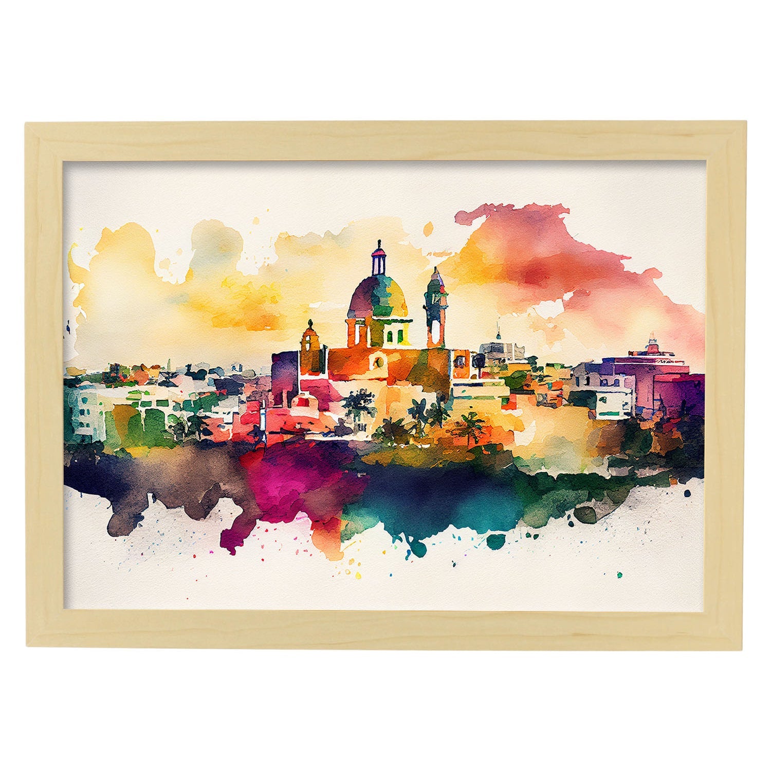 Nacnic watercolor of a skyline of the city of San Juan. Aesthetic Wall Art Prints for Bedroom or Living Room Design.-Artwork-Nacnic-A4-Marco Madera Clara-Nacnic Estudio SL