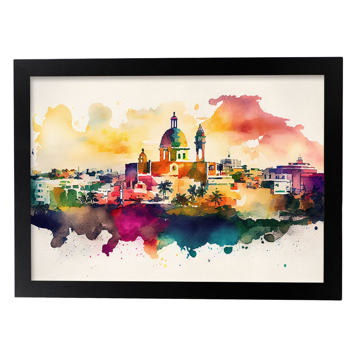 Nacnic watercolor of a skyline of the city of San Juan. Aesthetic Wall Art Prints for Bedroom or Living Room Design.