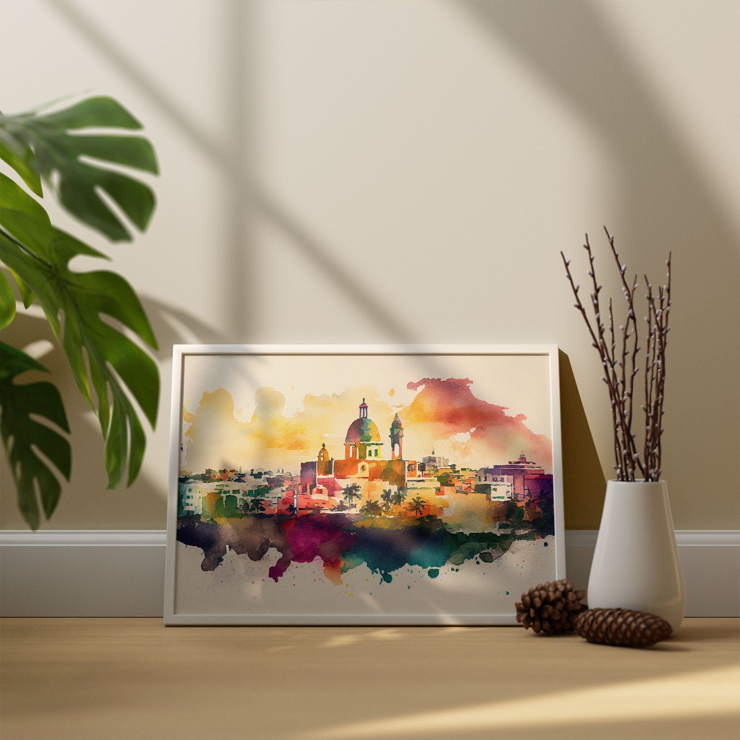 Nacnic watercolor of a skyline of the city of San Juan. Aesthetic Wall Art Prints for Bedroom or Living Room Design.-Artwork-Nacnic-A4-Sin Marco-Nacnic Estudio SL