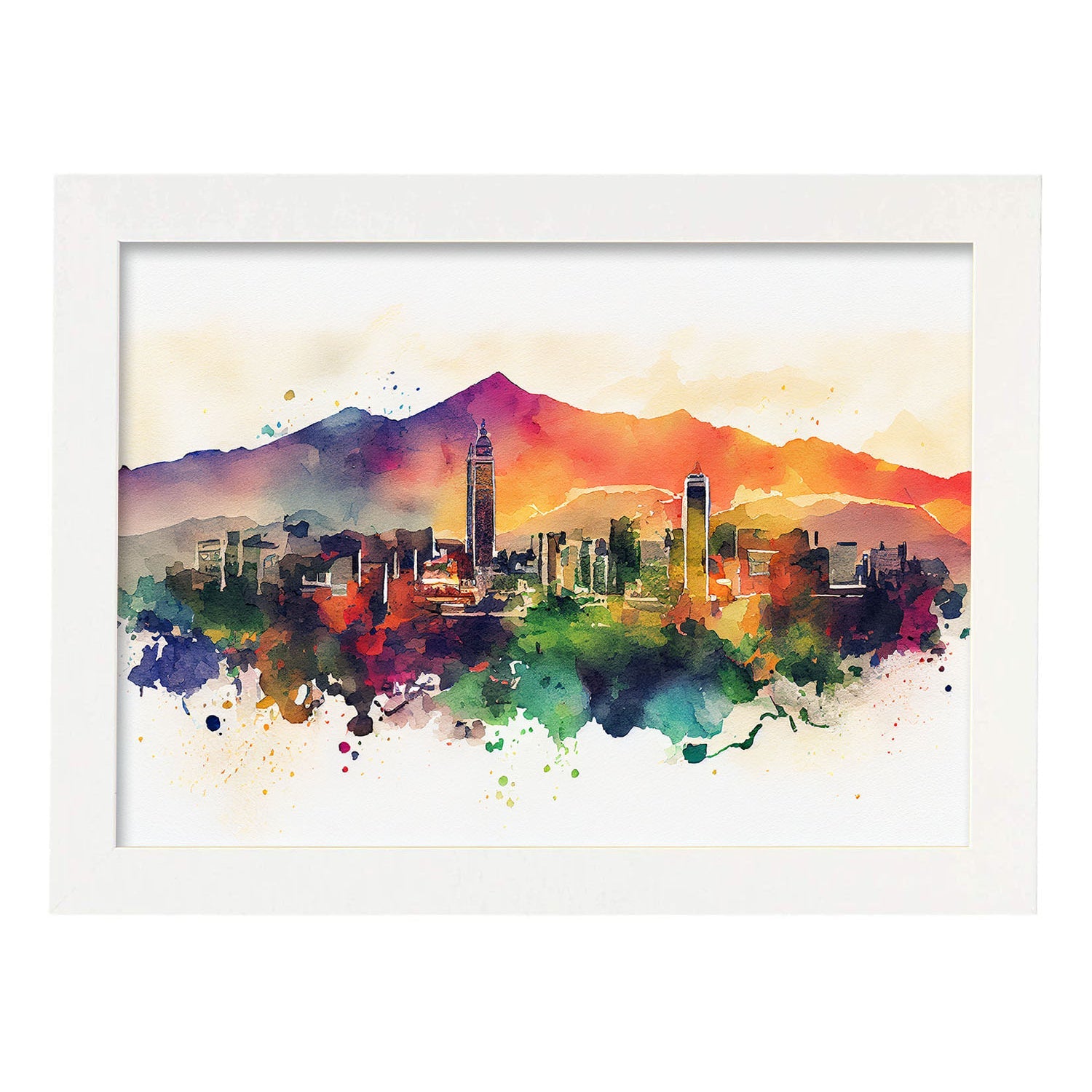 Nacnic watercolor of a skyline of the city of Santiago. Aesthetic Wall Art Prints for Bedroom or Living Room Design.-Artwork-Nacnic-A4-Marco Blanco-Nacnic Estudio SL