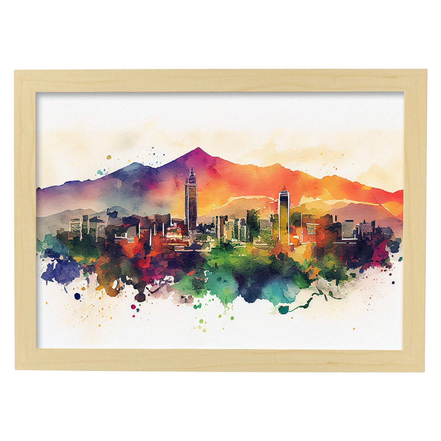 Nacnic watercolor of a skyline of the city of Santiago. Aesthetic Wall Art Prints for Bedroom or Living Room Design.-Artwork-Nacnic-A4-Marco Madera Clara-Nacnic Estudio SL