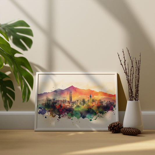 Nacnic watercolor of a skyline of the city of Santiago. Aesthetic Wall Art Prints for Bedroom or Living Room Design.-Artwork-Nacnic-A4-Sin Marco-Nacnic Estudio SL