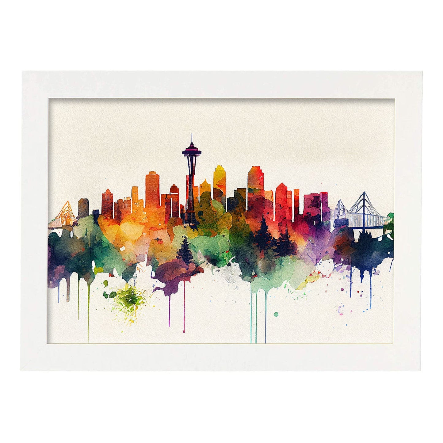 Nacnic watercolor of a skyline of the city of Seattle. Aesthetic Wall Art Prints for Bedroom or Living Room Design.-Artwork-Nacnic-A4-Marco Blanco-Nacnic Estudio SL