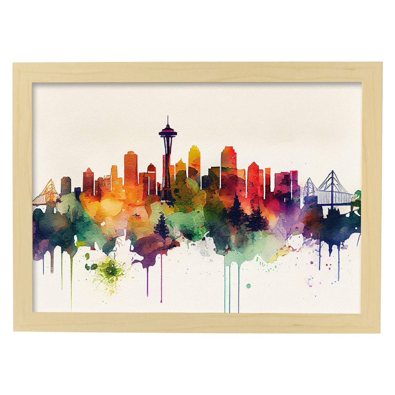 Nacnic watercolor of a skyline of the city of Seattle. Aesthetic Wall Art Prints for Bedroom or Living Room Design.-Artwork-Nacnic-A4-Marco Madera Clara-Nacnic Estudio SL