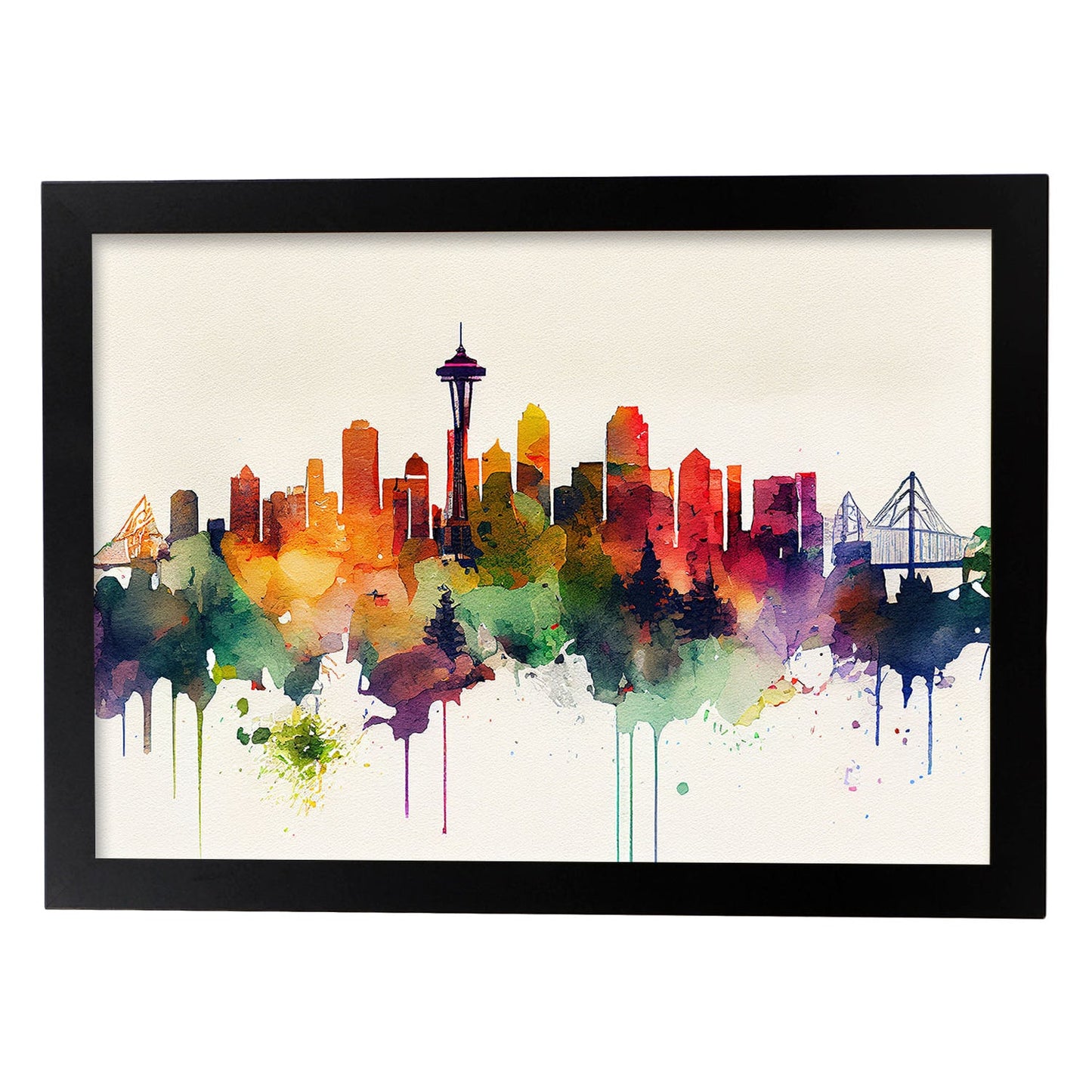 Nacnic watercolor of a skyline of the city of Seattle. Aesthetic Wall Art Prints for Bedroom or Living Room Design.