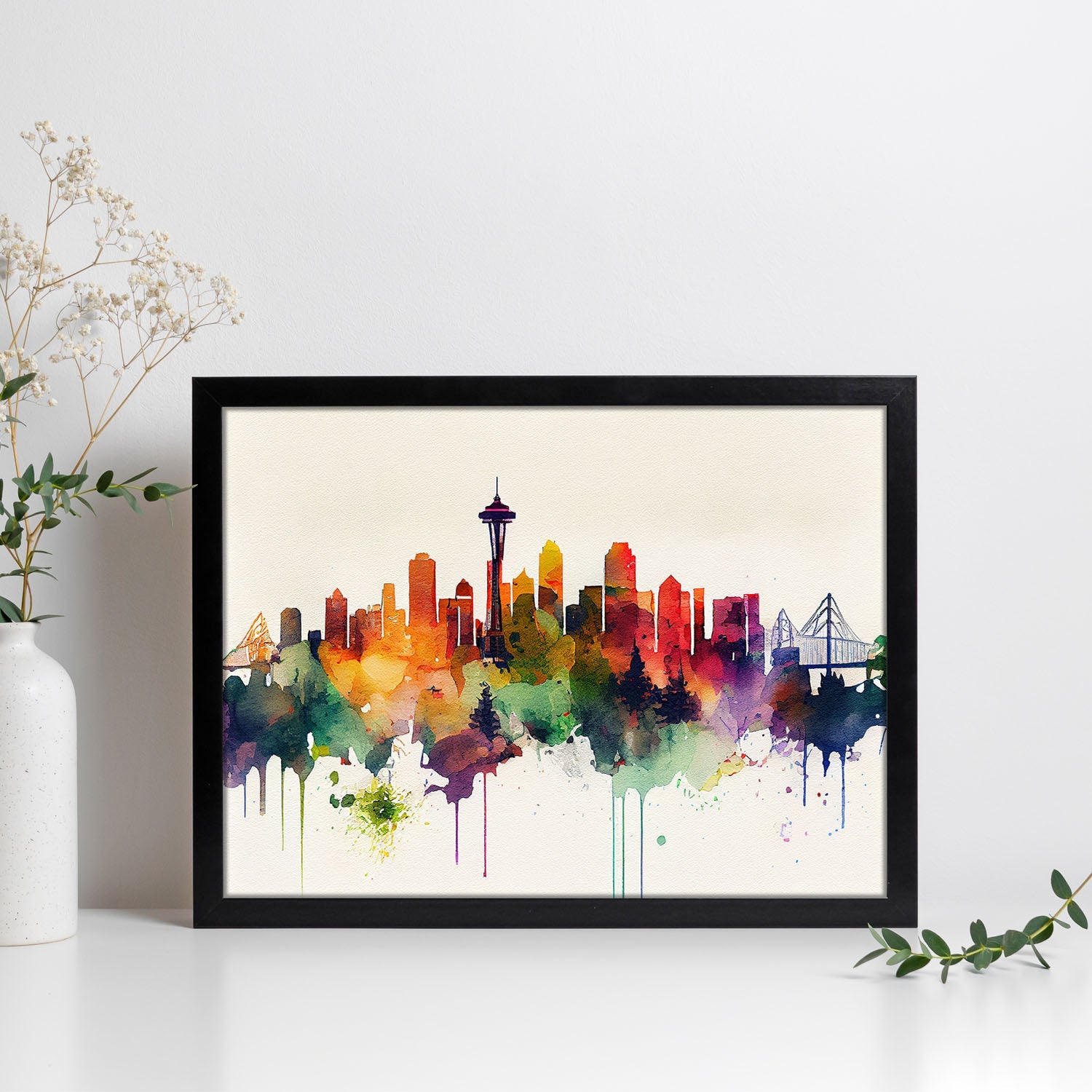 Nacnic watercolor of a skyline of the city of Seattle. Aesthetic Wall Art Prints for Bedroom or Living Room Design.-Artwork-Nacnic-A4-Sin Marco-Nacnic Estudio SL