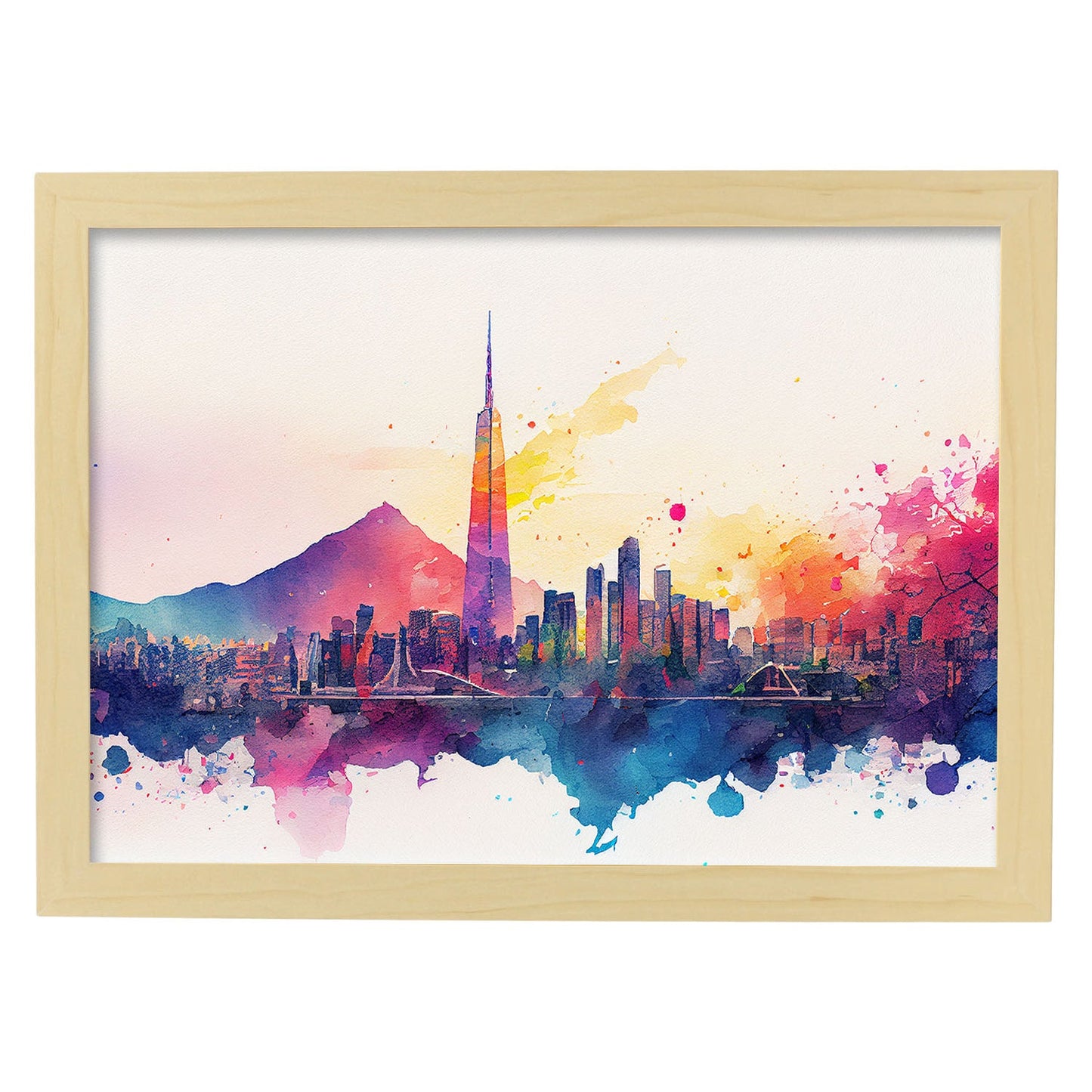 Nacnic watercolor of a skyline of the city of Seoul. Aesthetic Wall Art Prints for Bedroom or Living Room Design.-Artwork-Nacnic-A4-Marco Madera Clara-Nacnic Estudio SL