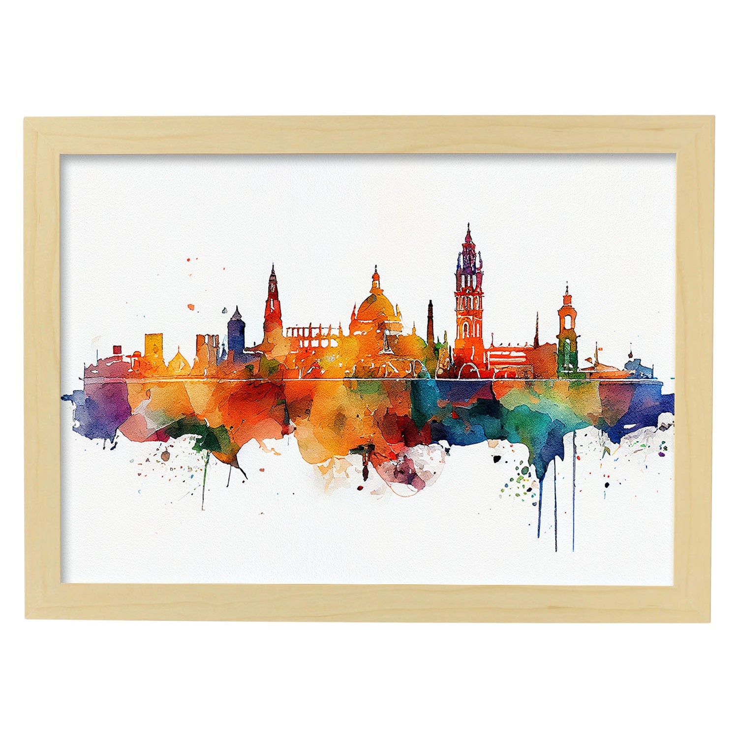 Nacnic watercolor of a skyline of the city of Seville. Aesthetic Wall Art Prints for Bedroom or Living Room Design.-Artwork-Nacnic-A4-Marco Madera Clara-Nacnic Estudio SL