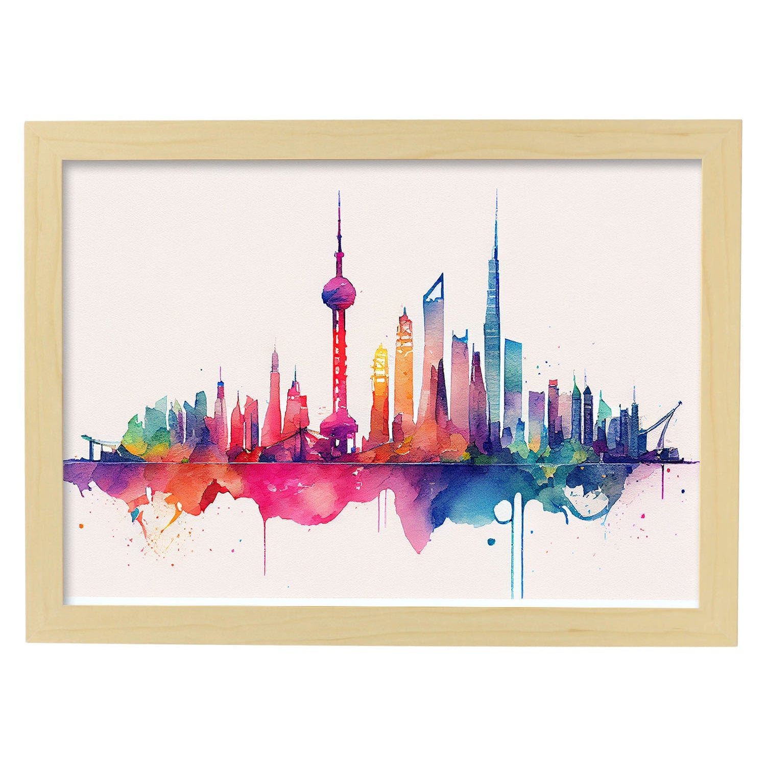 Nacnic watercolor of a skyline of the city of Shanghai_1. Aesthetic Wall Art Prints for Bedroom or Living Room Design.-Artwork-Nacnic-A4-Marco Madera Clara-Nacnic Estudio SL