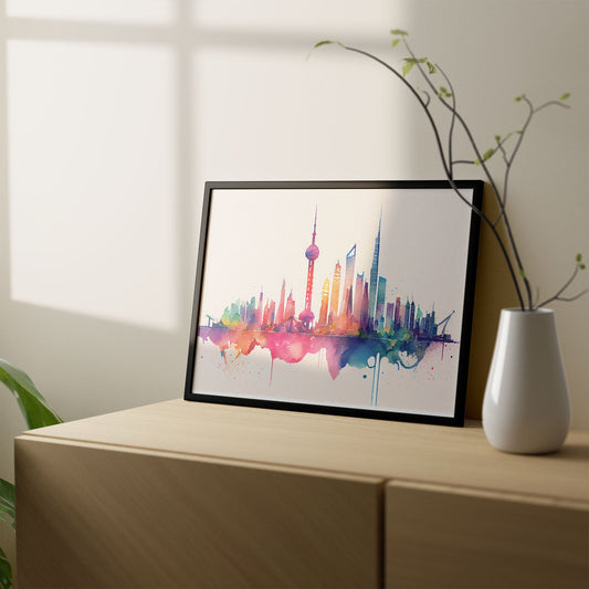 Nacnic watercolor of a skyline of the city of Shanghai_1. Aesthetic Wall Art Prints for Bedroom or Living Room Design.-Artwork-Nacnic-A4-Sin Marco-Nacnic Estudio SL
