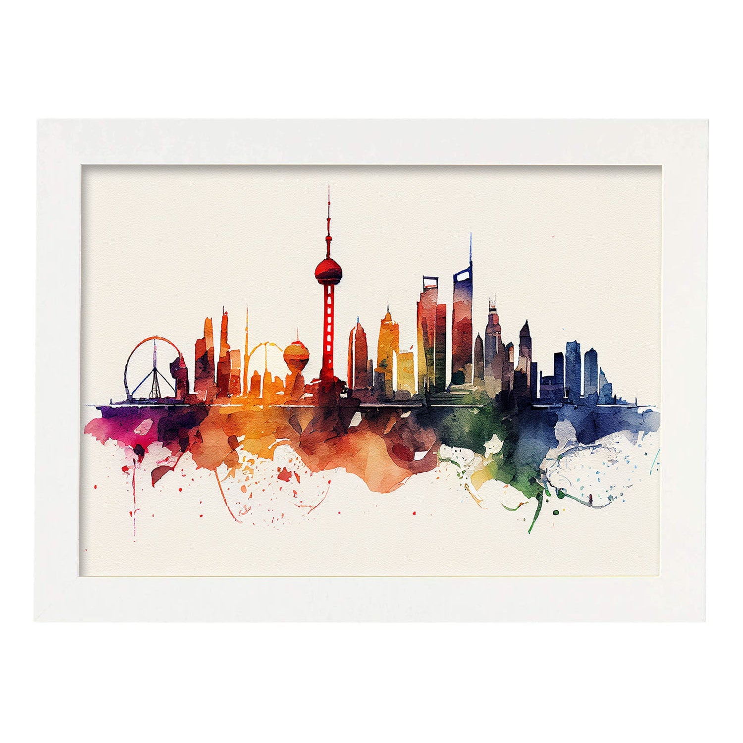 Nacnic watercolor of a skyline of the city of Shanghai_2. Aesthetic Wall Art Prints for Bedroom or Living Room Design.-Artwork-Nacnic-A4-Marco Blanco-Nacnic Estudio SL