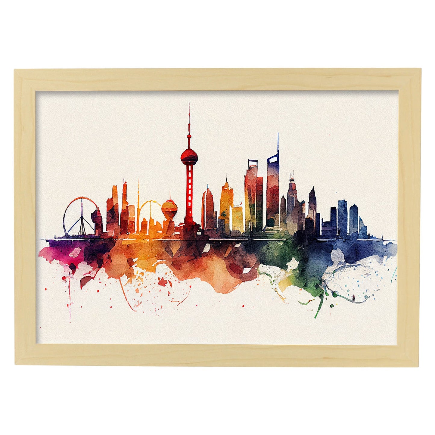Nacnic watercolor of a skyline of the city of Shanghai_2. Aesthetic Wall Art Prints for Bedroom or Living Room Design.-Artwork-Nacnic-A4-Marco Madera Clara-Nacnic Estudio SL