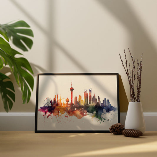 Nacnic watercolor of a skyline of the city of Shanghai_2. Aesthetic Wall Art Prints for Bedroom or Living Room Design.-Artwork-Nacnic-A4-Sin Marco-Nacnic Estudio SL