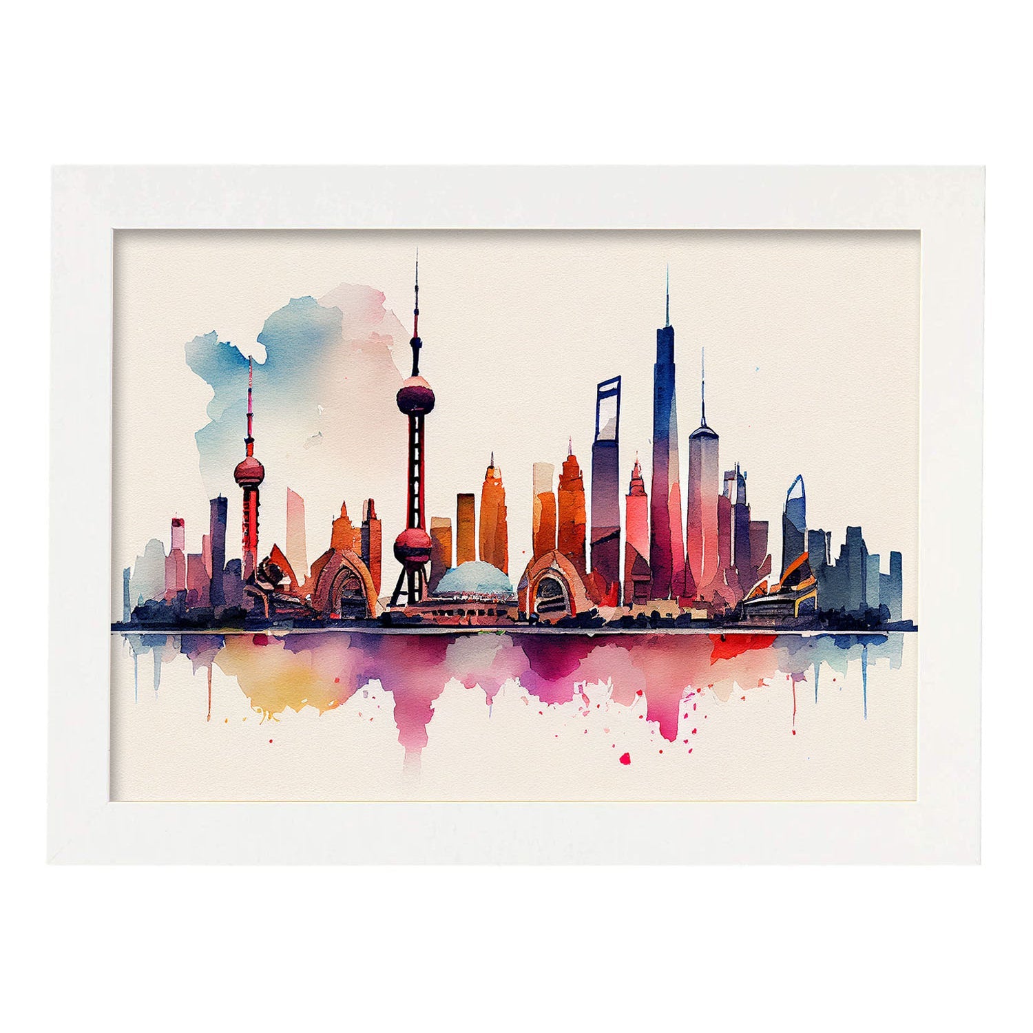 Nacnic watercolor of a skyline of the city of Shanghai_3. Aesthetic Wall Art Prints for Bedroom or Living Room Design.-Artwork-Nacnic-A4-Marco Blanco-Nacnic Estudio SL