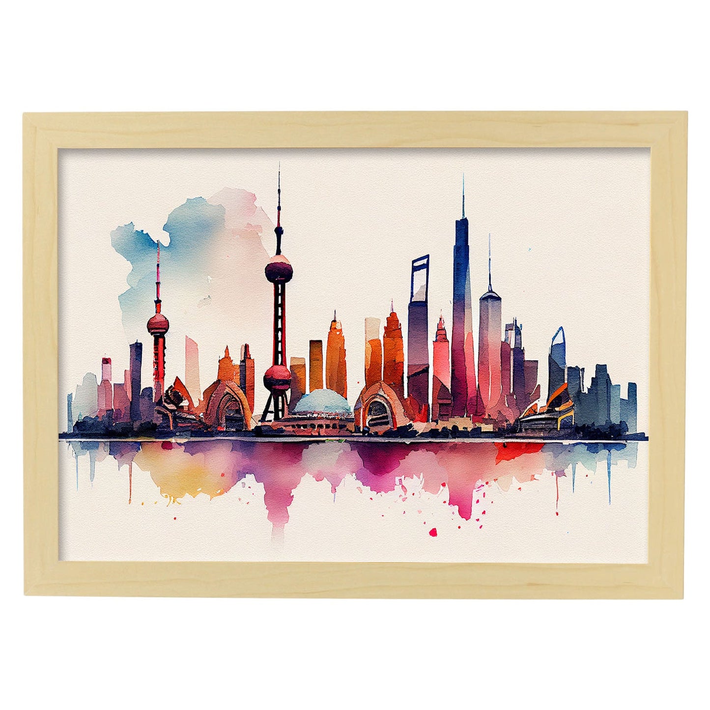 Nacnic watercolor of a skyline of the city of Shanghai_3. Aesthetic Wall Art Prints for Bedroom or Living Room Design.-Artwork-Nacnic-A4-Marco Madera Clara-Nacnic Estudio SL