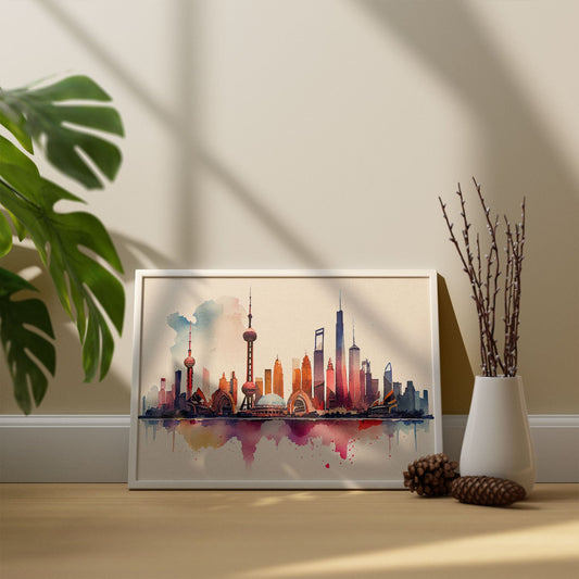 Nacnic watercolor of a skyline of the city of Shanghai_3. Aesthetic Wall Art Prints for Bedroom or Living Room Design.-Artwork-Nacnic-A4-Sin Marco-Nacnic Estudio SL