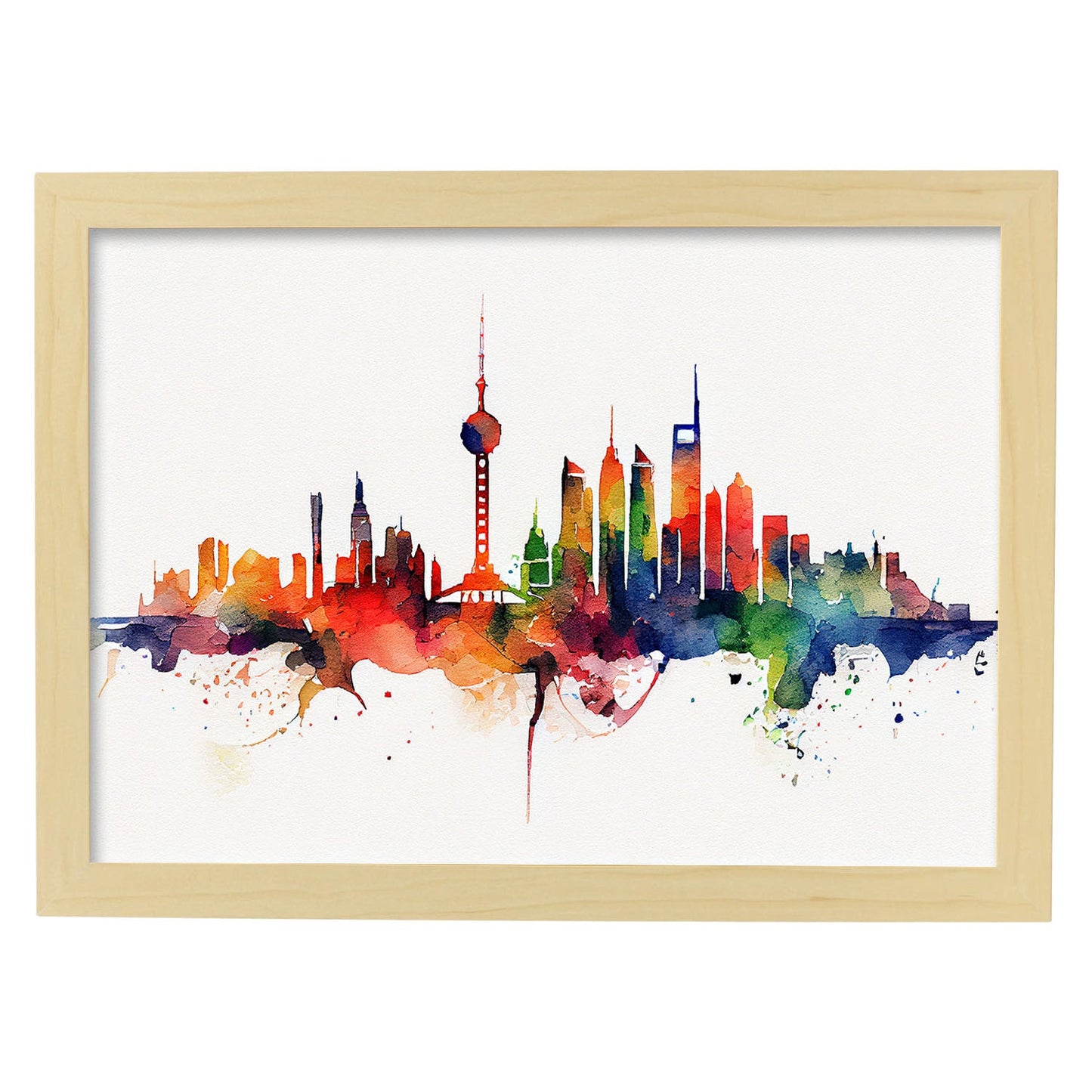 Nacnic watercolor of a skyline of the city of Shanghai_4. Aesthetic Wall Art Prints for Bedroom or Living Room Design.-Artwork-Nacnic-A4-Marco Madera Clara-Nacnic Estudio SL