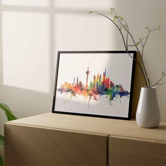 Nacnic watercolor of a skyline of the city of Shanghai_4. Aesthetic Wall Art Prints for Bedroom or Living Room Design.-Artwork-Nacnic-A4-Sin Marco-Nacnic Estudio SL