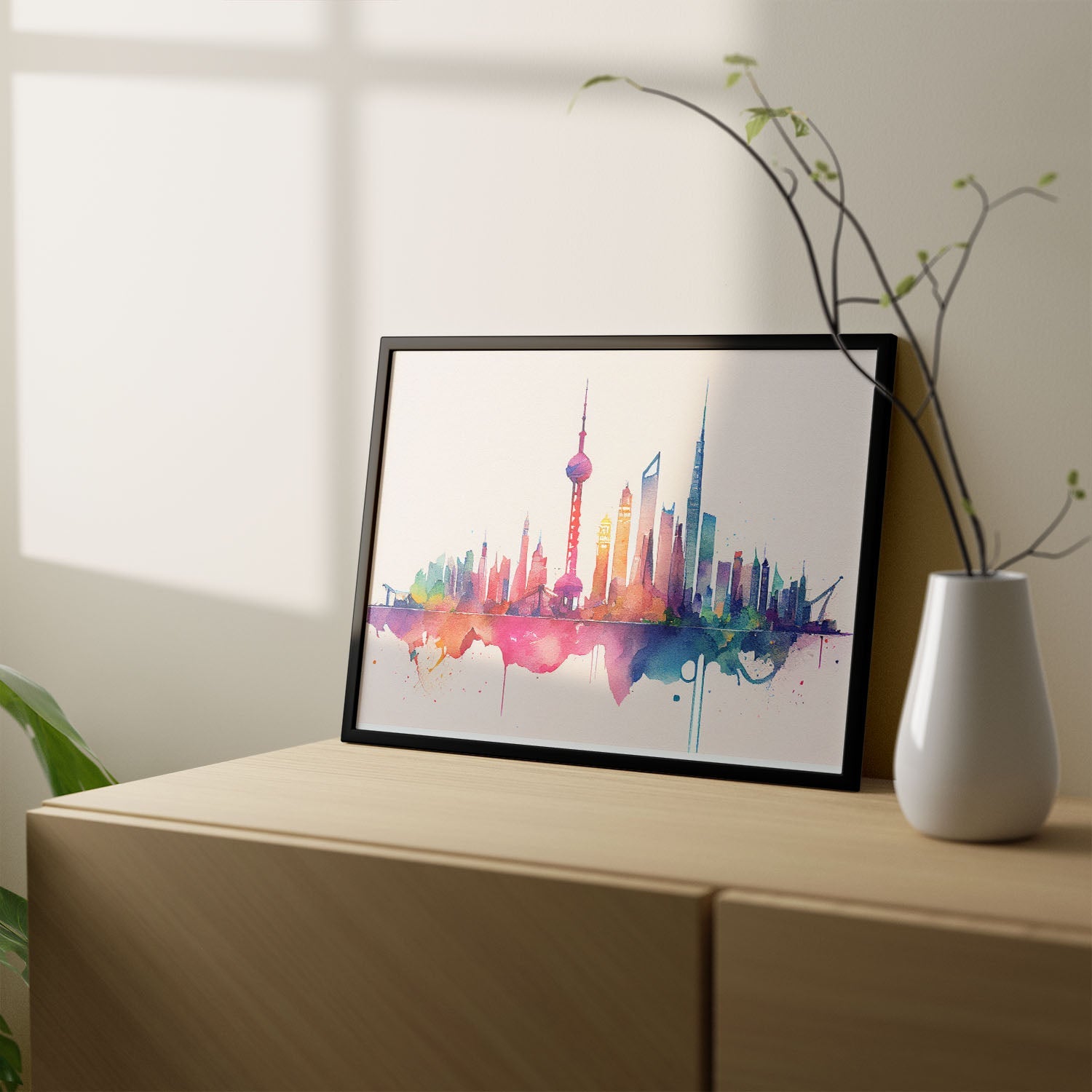 Nacnic watercolor of a skyline of the city of Shanghai_5. Aesthetic Wall Art Prints for Bedroom or Living Room Design.-Artwork-Nacnic-A4-Sin Marco-Nacnic Estudio SL