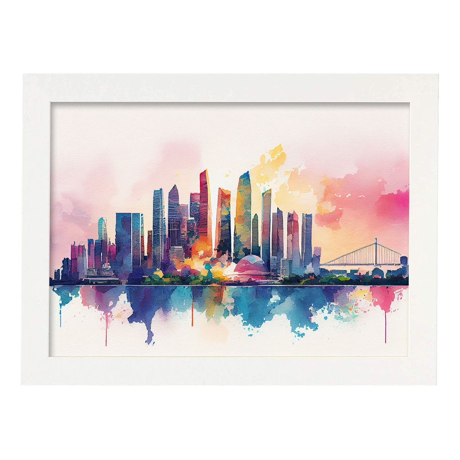 Nacnic watercolor of a skyline of the city of Singapore_1. Aesthetic Wall Art Prints for Bedroom or Living Room Design.-Artwork-Nacnic-A4-Marco Blanco-Nacnic Estudio SL