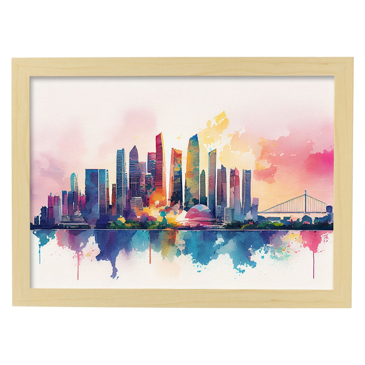 Nacnic watercolor of a skyline of the city of Singapore_1. Aesthetic Wall Art Prints for Bedroom or Living Room Design.-Artwork-Nacnic-A4-Marco Madera Clara-Nacnic Estudio SL