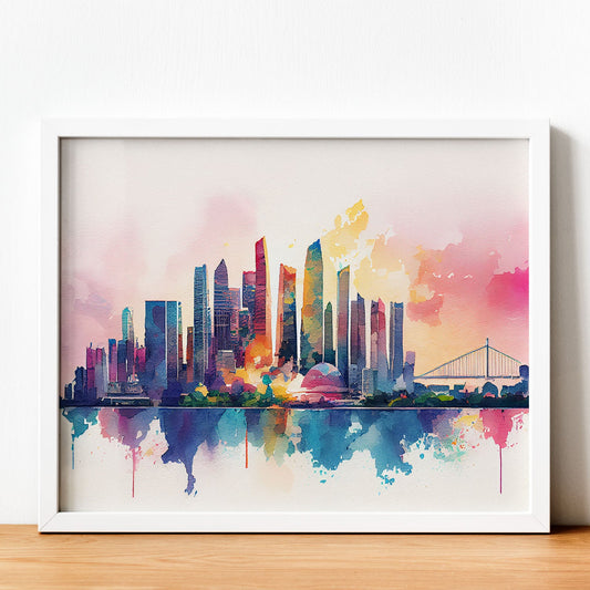 Nacnic watercolor of a skyline of the city of Singapore_1. Aesthetic Wall Art Prints for Bedroom or Living Room Design.-Artwork-Nacnic-A4-Sin Marco-Nacnic Estudio SL