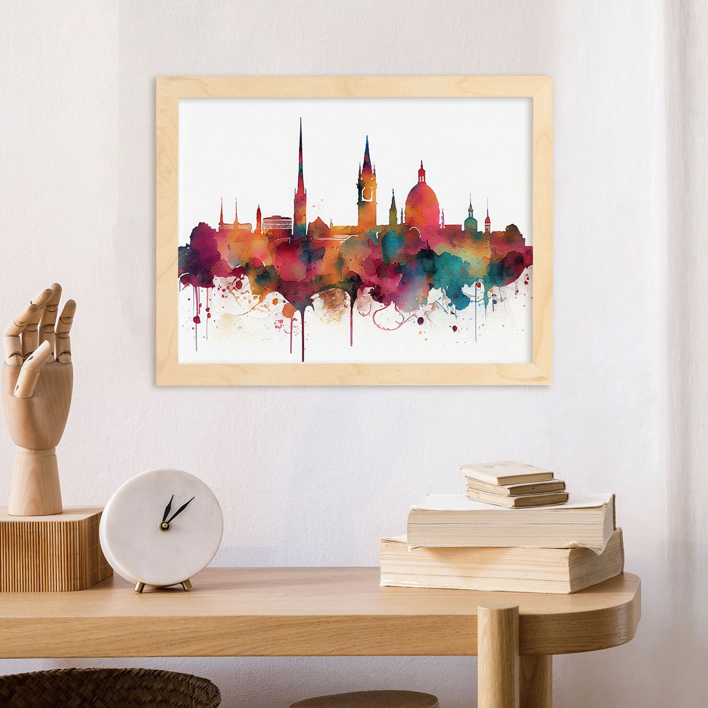 Nacnic watercolor of a skyline of the city of Stuttgart. Aesthetic Wall Art Prints for Bedroom or Living Room Design.