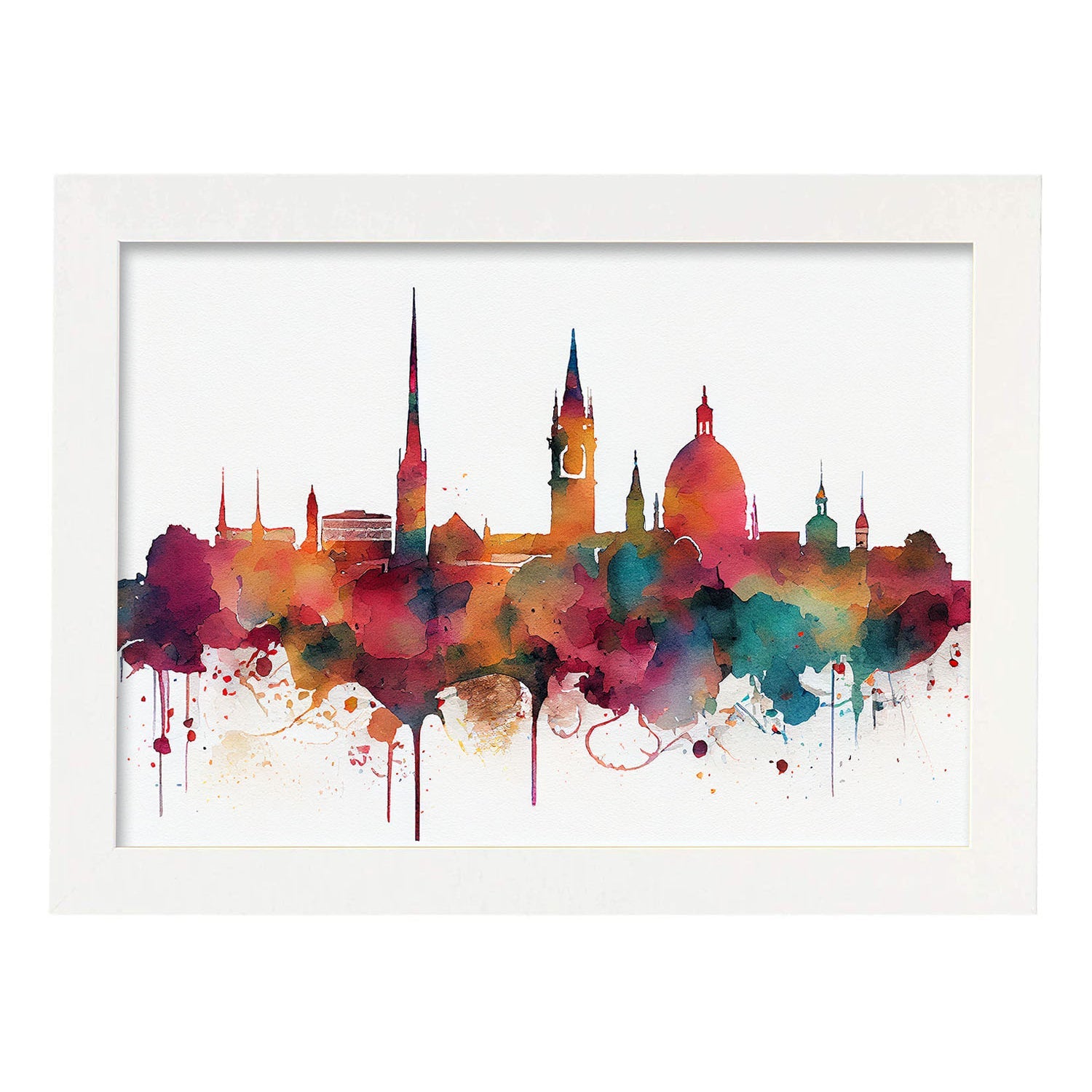 Nacnic watercolor of a skyline of the city of Stuttgart. Aesthetic Wall Art Prints for Bedroom or Living Room Design.-Artwork-Nacnic-A4-Marco Blanco-Nacnic Estudio SL