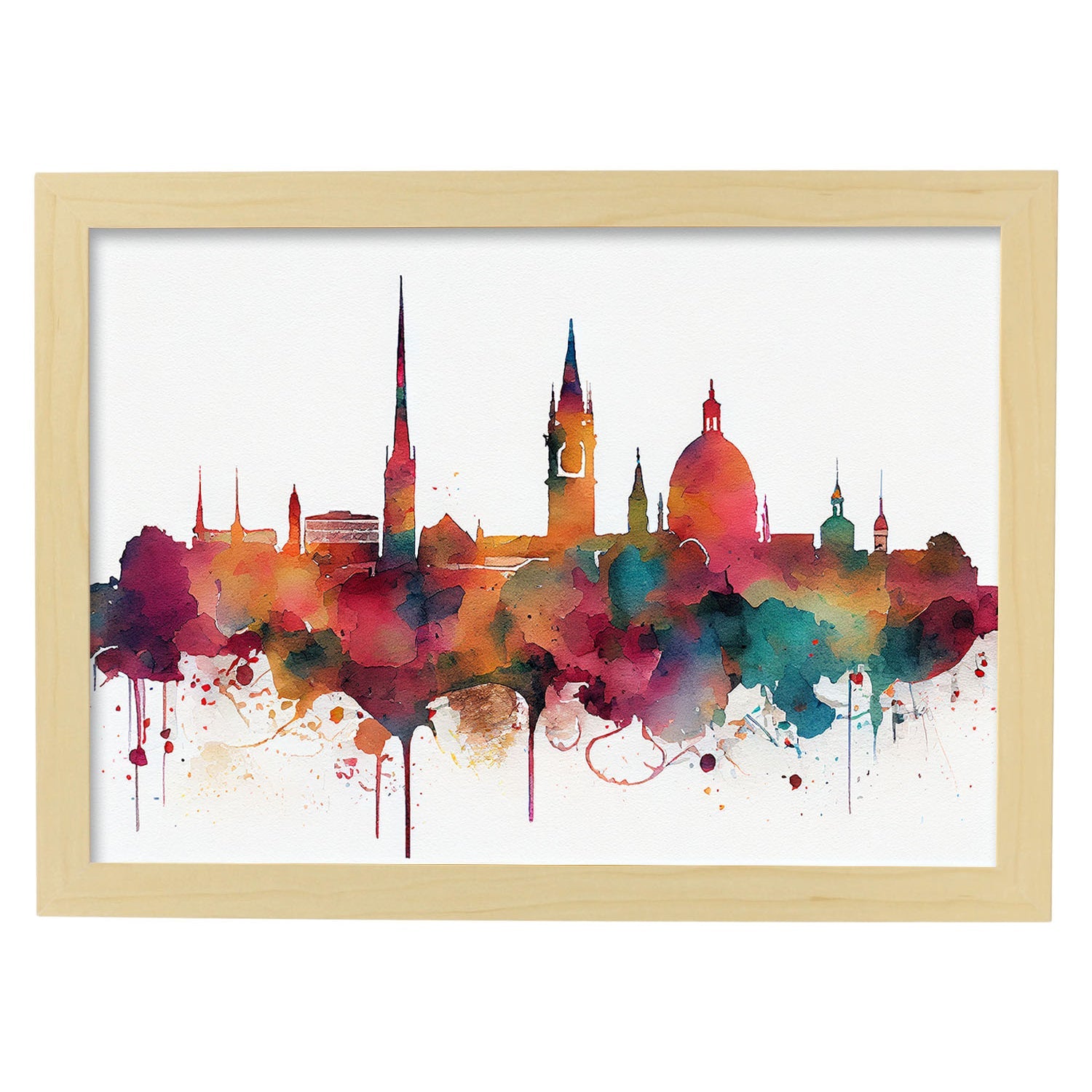 Nacnic watercolor of a skyline of the city of Stuttgart. Aesthetic Wall Art Prints for Bedroom or Living Room Design.-Artwork-Nacnic-A4-Marco Madera Clara-Nacnic Estudio SL