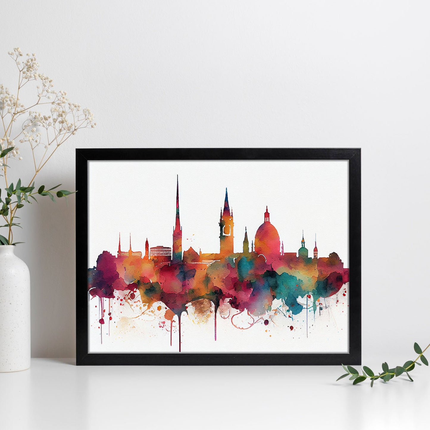 Nacnic watercolor of a skyline of the city of Stuttgart. Aesthetic Wall Art Prints for Bedroom or Living Room Design.-Artwork-Nacnic-A4-Sin Marco-Nacnic Estudio SL