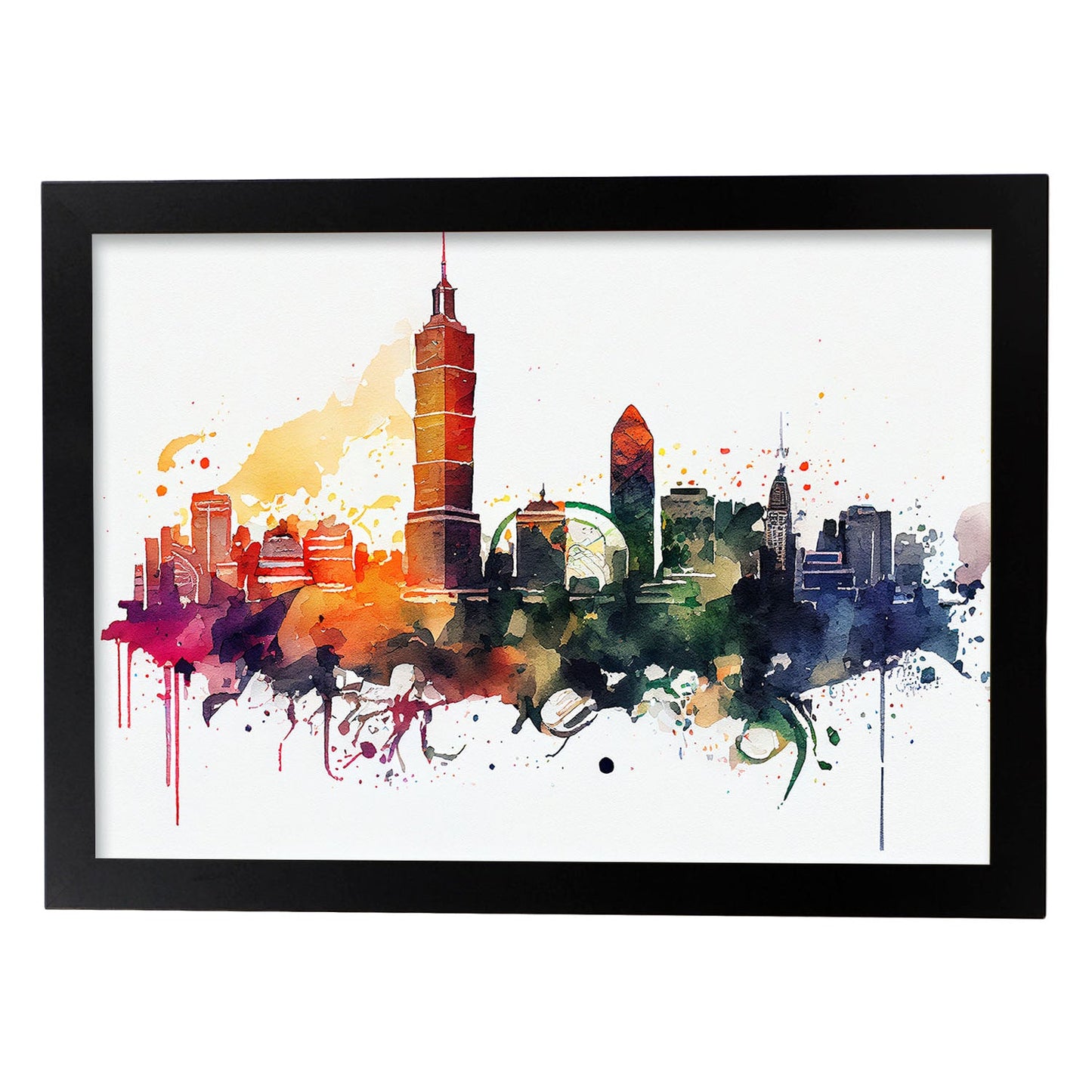 Nacnic watercolor of a skyline of the city of Taipei. Aesthetic Wall Art Prints for Bedroom or Living Room Design.