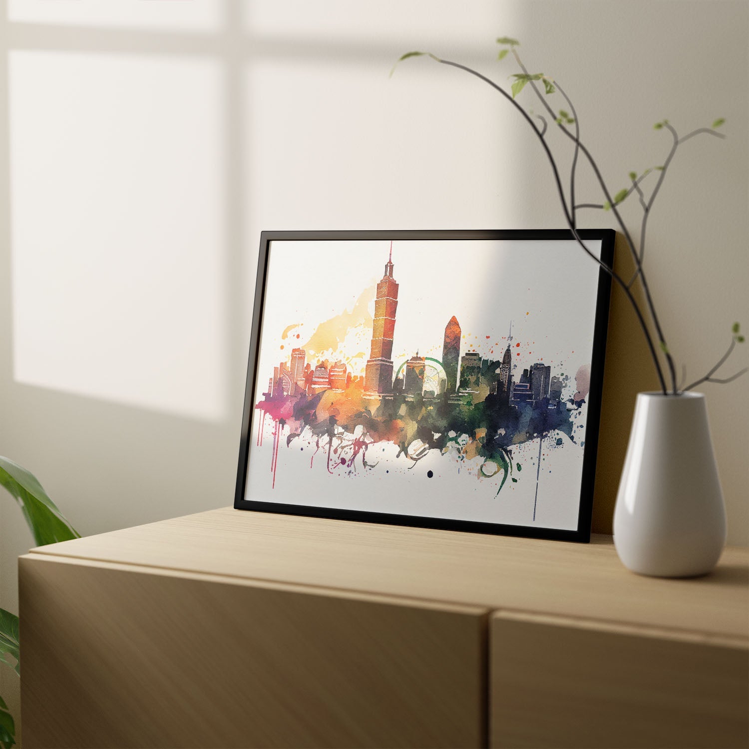 Nacnic watercolor of a skyline of the city of Taipei. Aesthetic Wall Art Prints for Bedroom or Living Room Design.-Artwork-Nacnic-A4-Sin Marco-Nacnic Estudio SL