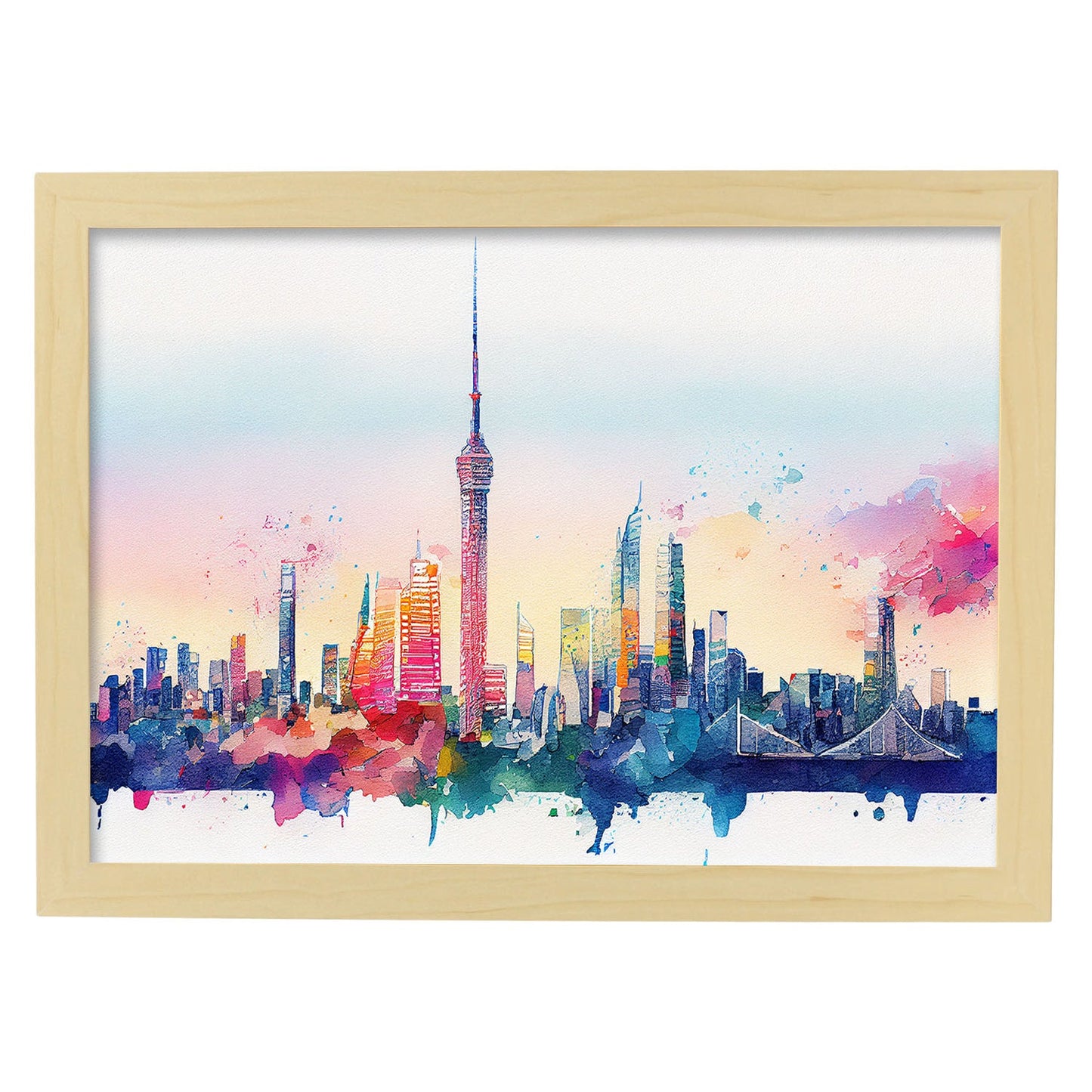 Nacnic watercolor of a skyline of the city of Tokyo_1. Aesthetic Wall Art Prints for Bedroom or Living Room Design.-Artwork-Nacnic-A4-Marco Madera Clara-Nacnic Estudio SL