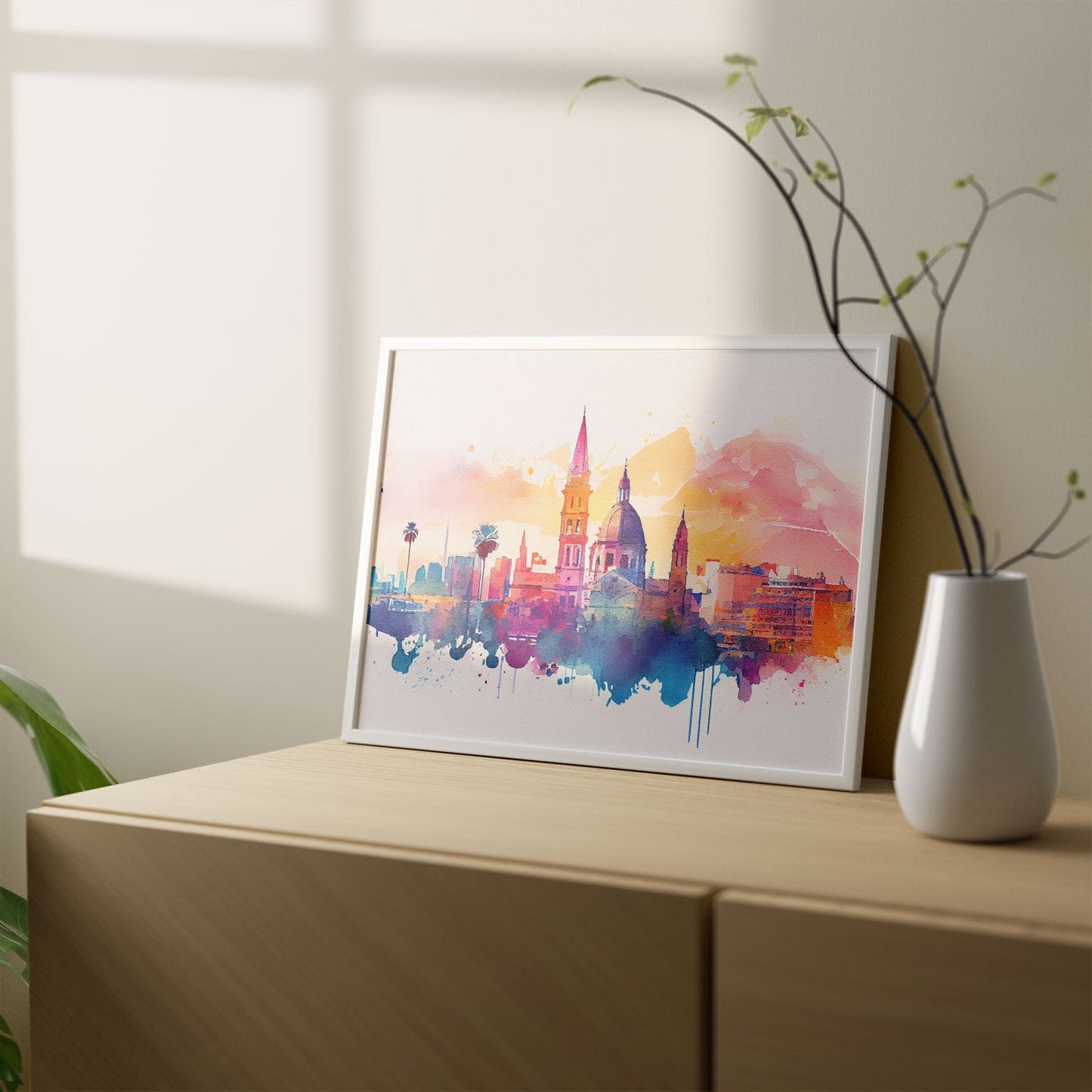 Nacnic watercolor of a skyline of the city of Valencia_1. Aesthetic Wall Art Prints for Bedroom or Living Room Design.