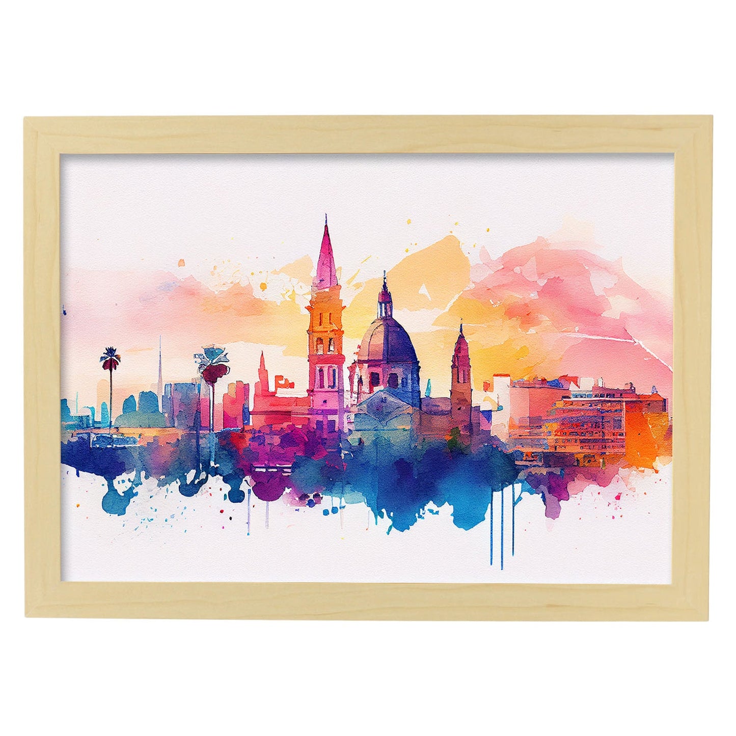 Nacnic watercolor of a skyline of the city of Valencia_1. Aesthetic Wall Art Prints for Bedroom or Living Room Design.-Artwork-Nacnic-A4-Marco Madera Clara-Nacnic Estudio SL