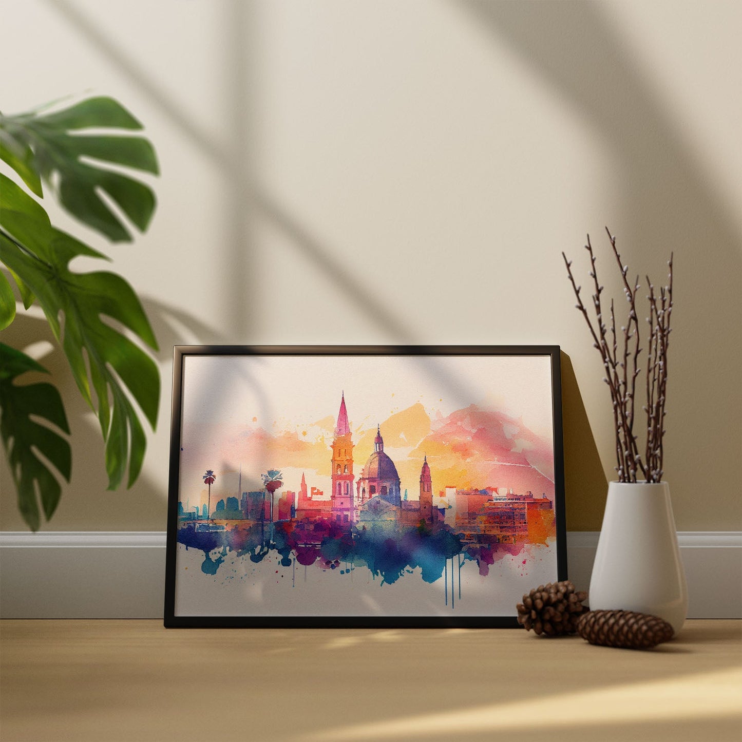 Nacnic watercolor of a skyline of the city of Valencia_1. Aesthetic Wall Art Prints for Bedroom or Living Room Design.-Artwork-Nacnic-A4-Sin Marco-Nacnic Estudio SL