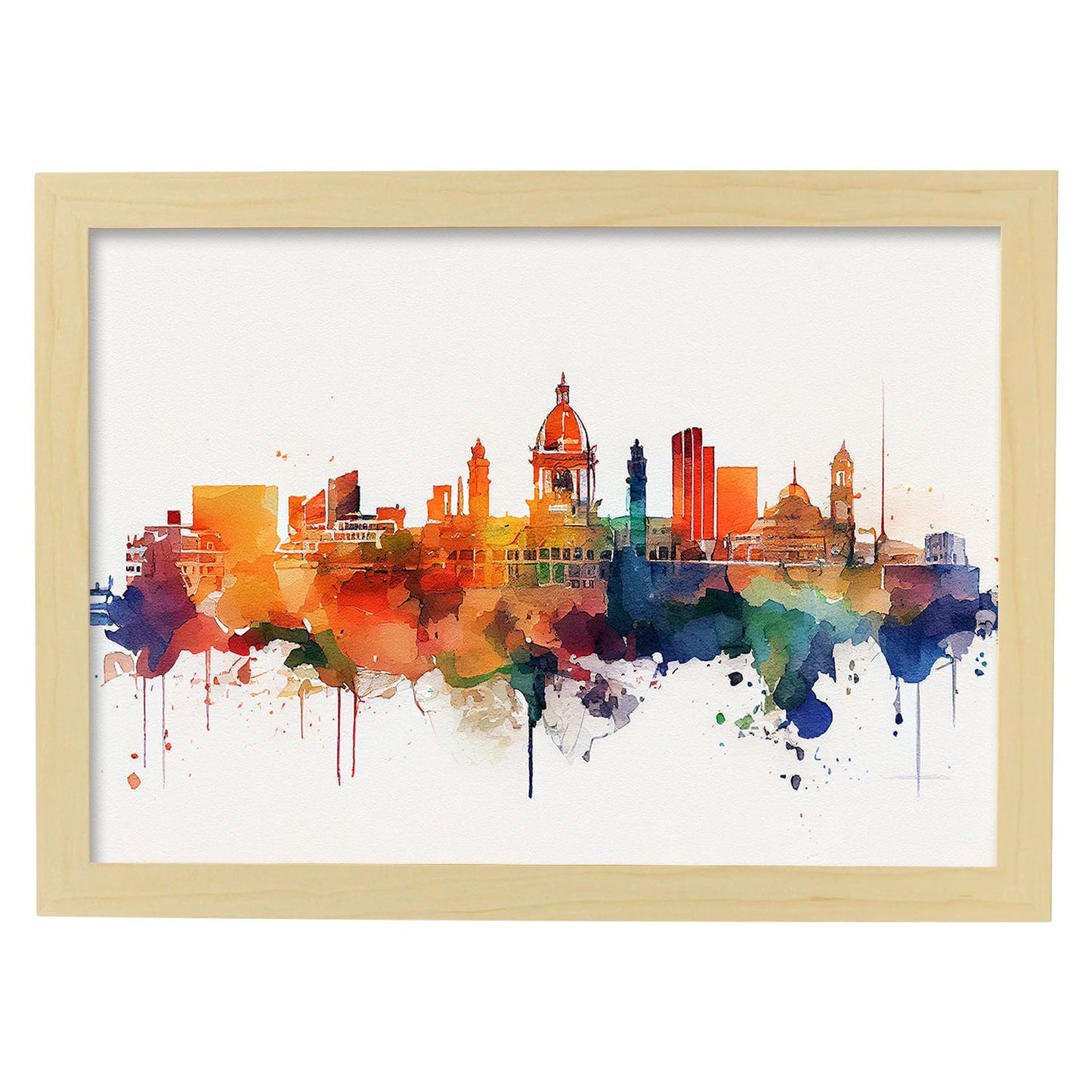 Nacnic watercolor of a skyline of the city of Valencia_2. Aesthetic Wall Art Prints for Bedroom or Living Room Design.-Artwork-Nacnic-A4-Marco Madera Clara-Nacnic Estudio SL