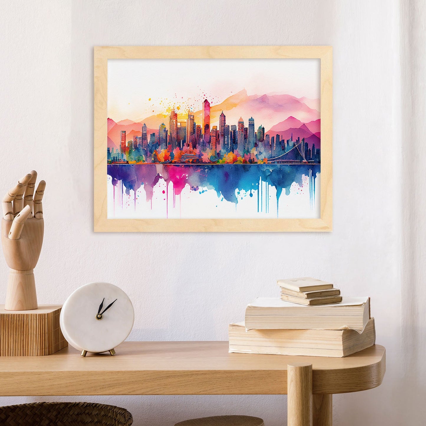 Nacnic watercolor of a skyline of the city of Vancouver. Aesthetic Wall Art Prints for Bedroom or Living Room Design.
