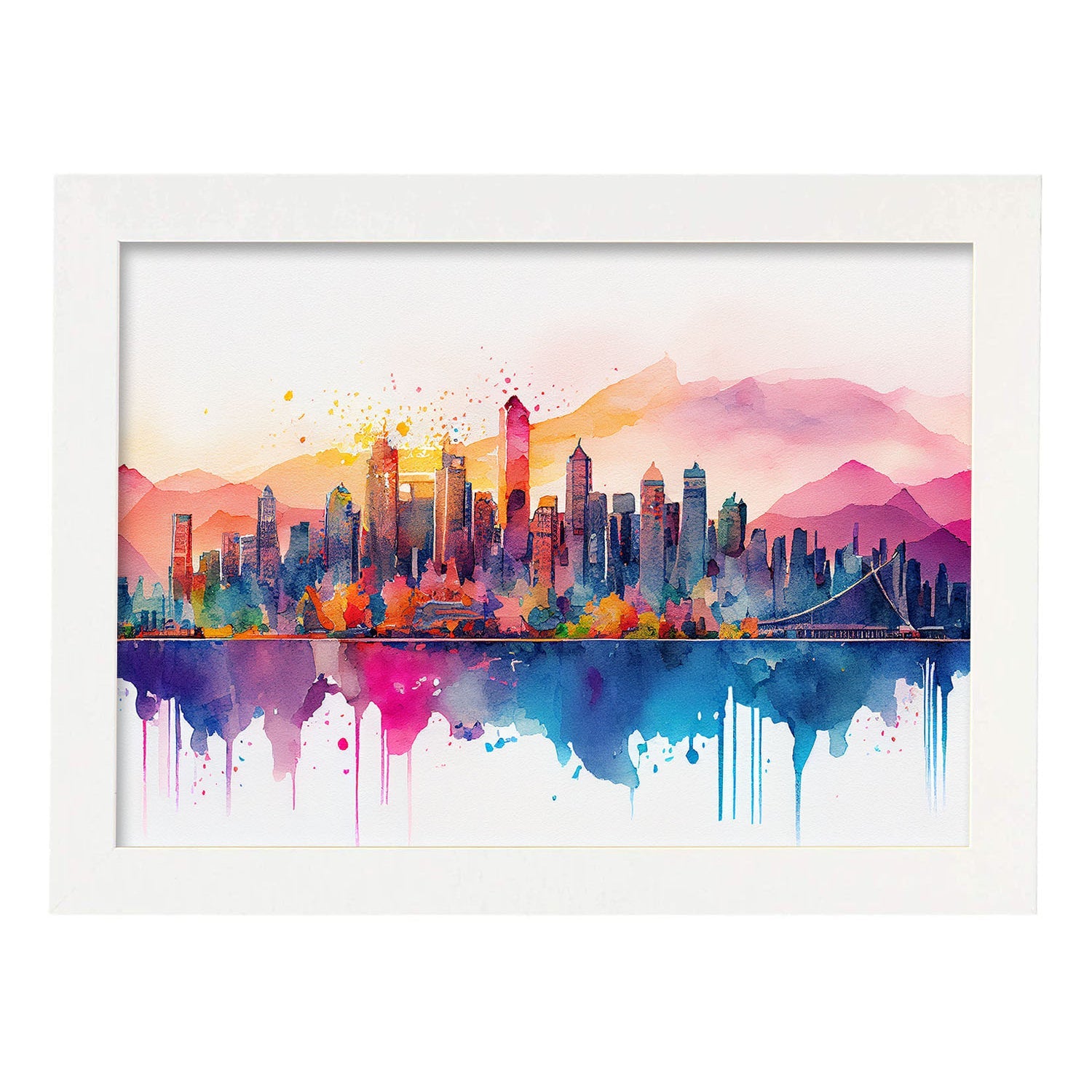 Nacnic watercolor of a skyline of the city of Vancouver. Aesthetic Wall Art Prints for Bedroom or Living Room Design.-Artwork-Nacnic-A4-Marco Blanco-Nacnic Estudio SL