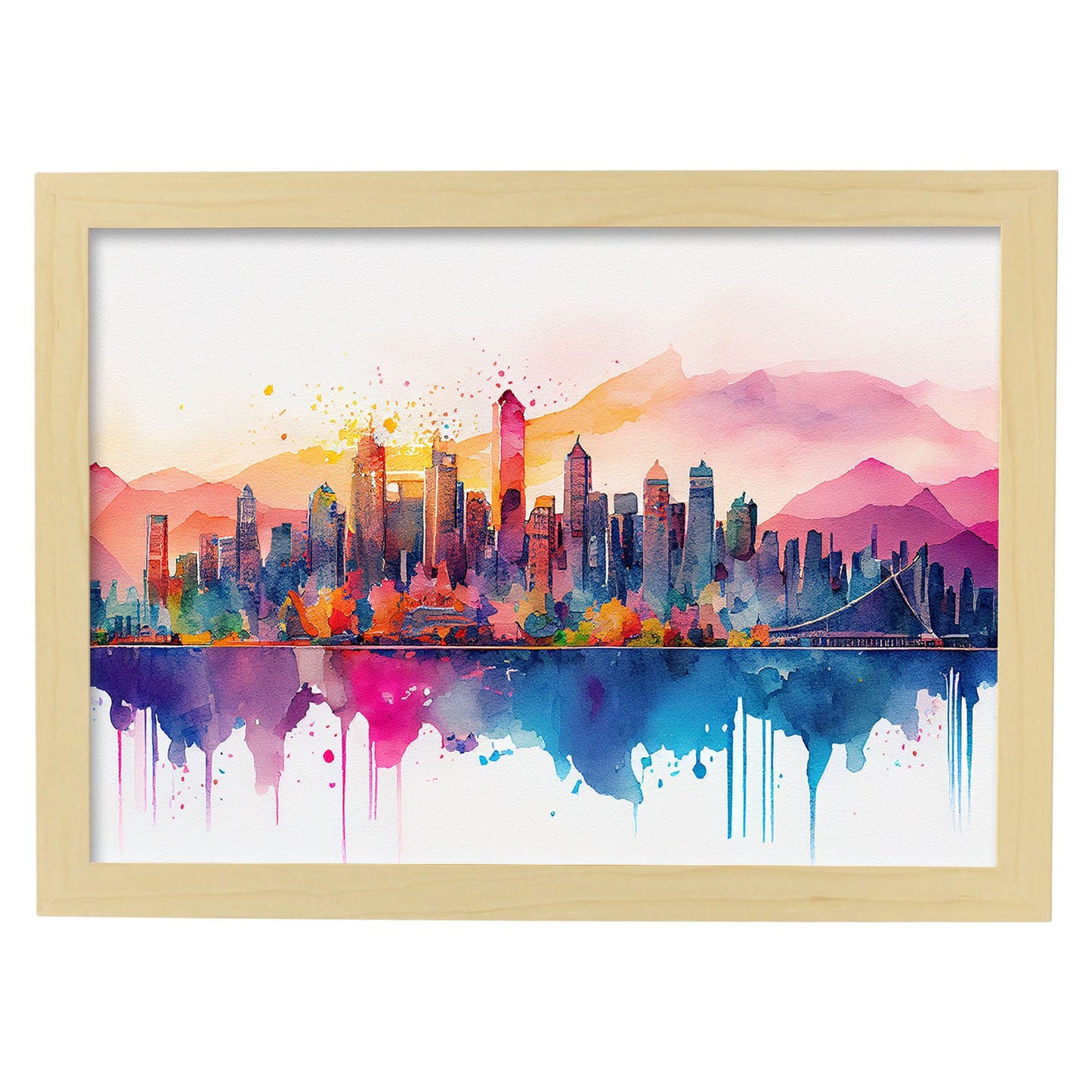 Nacnic watercolor of a skyline of the city of Vancouver. Aesthetic Wall Art Prints for Bedroom or Living Room Design.-Artwork-Nacnic-A4-Marco Madera Clara-Nacnic Estudio SL