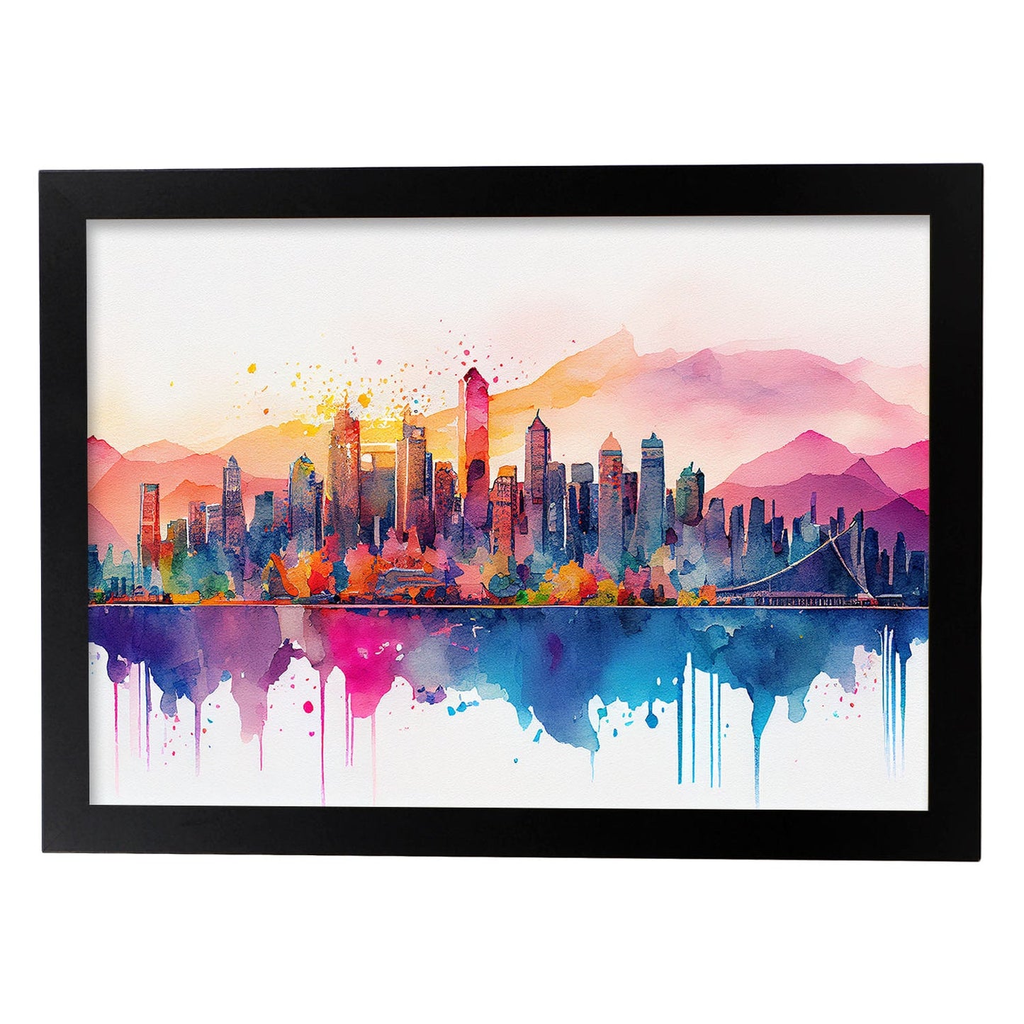 Nacnic watercolor of a skyline of the city of Vancouver. Aesthetic Wall Art Prints for Bedroom or Living Room Design.