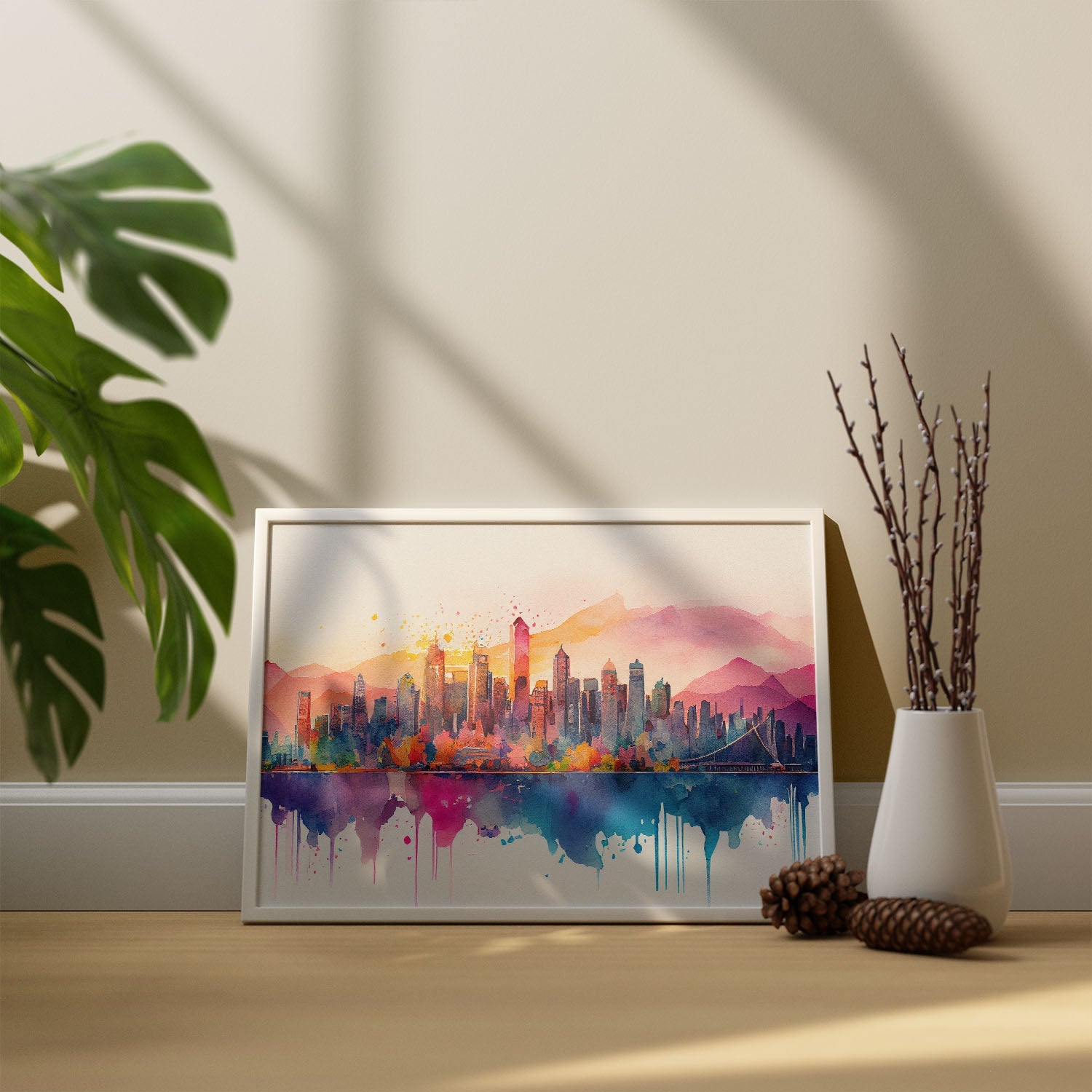 Nacnic watercolor of a skyline of the city of Vancouver. Aesthetic Wall Art Prints for Bedroom or Living Room Design.-Artwork-Nacnic-A4-Sin Marco-Nacnic Estudio SL