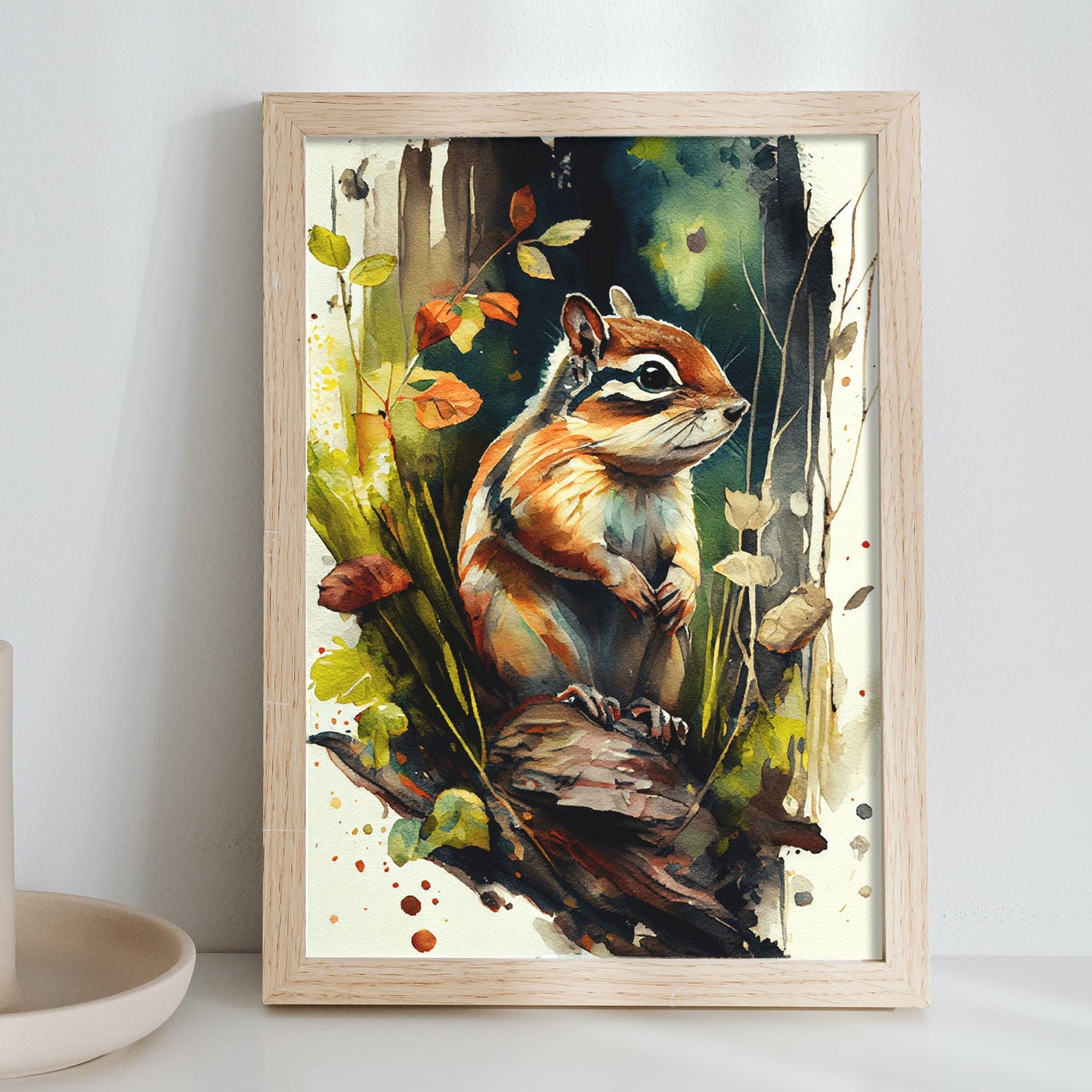 Nacnic Watercolor of Chipmunk in the forest. Aesthetic Wall Art Prints for Bedroom or Living Room Design.